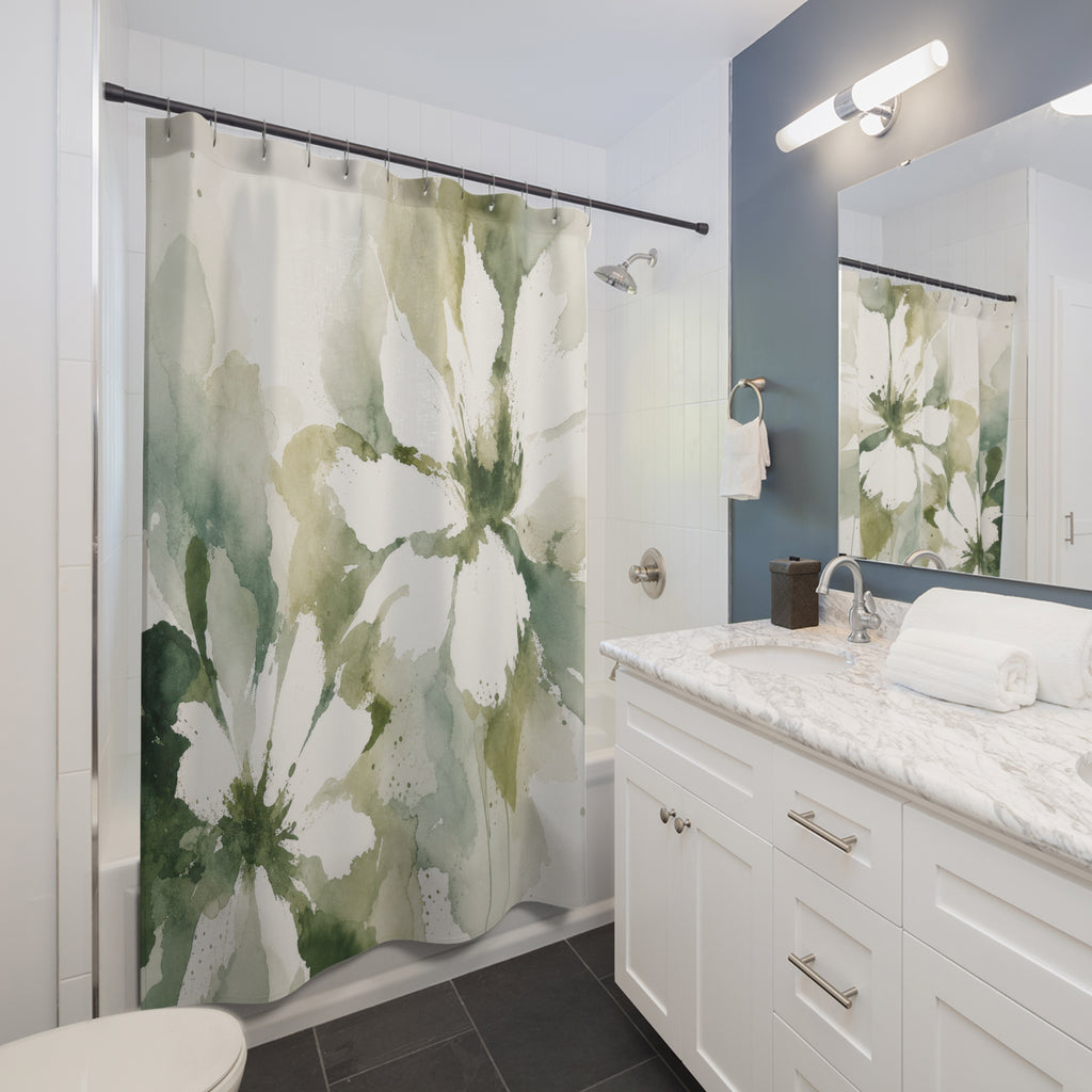 Watercolor Botanical Green Floral Shower Curtain