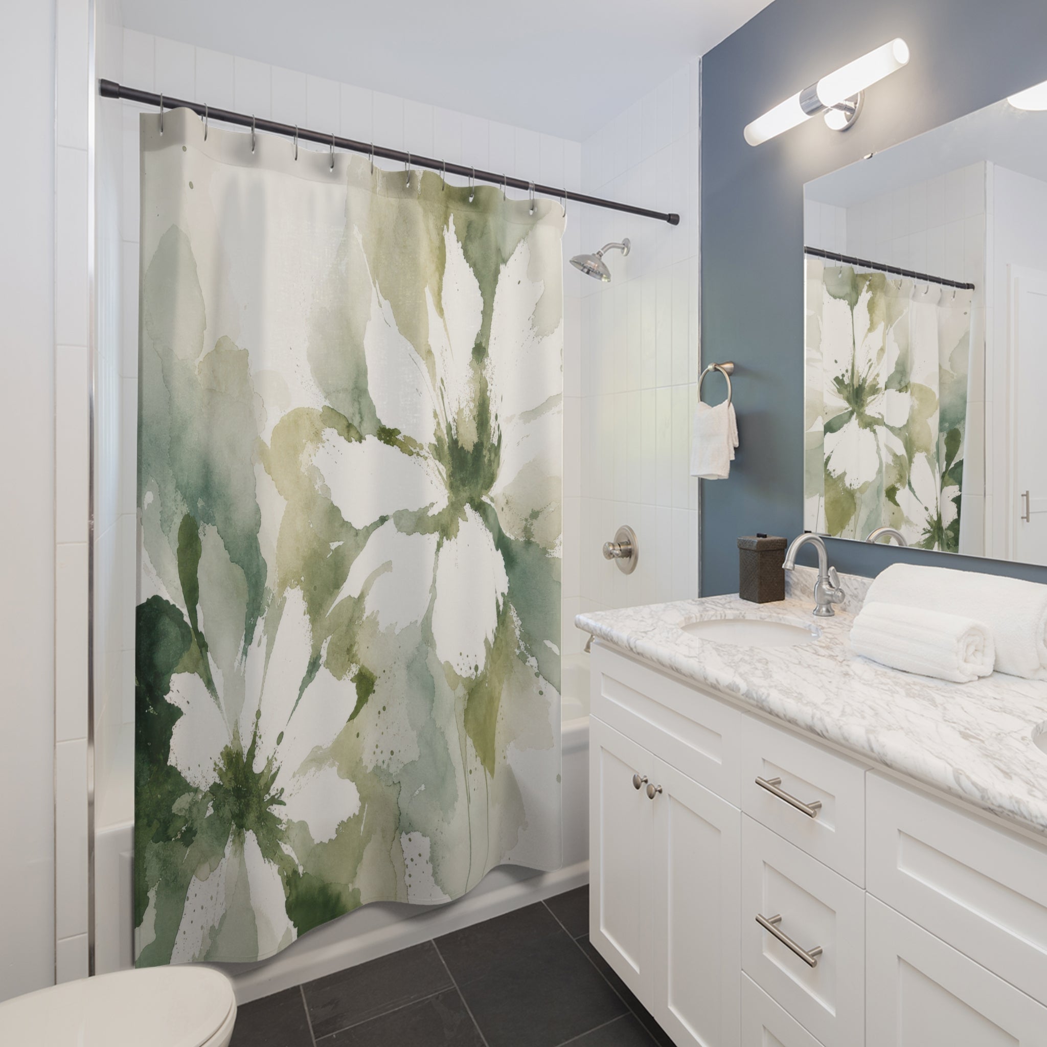Watercolor Botanical Green Floral Shower Curtain