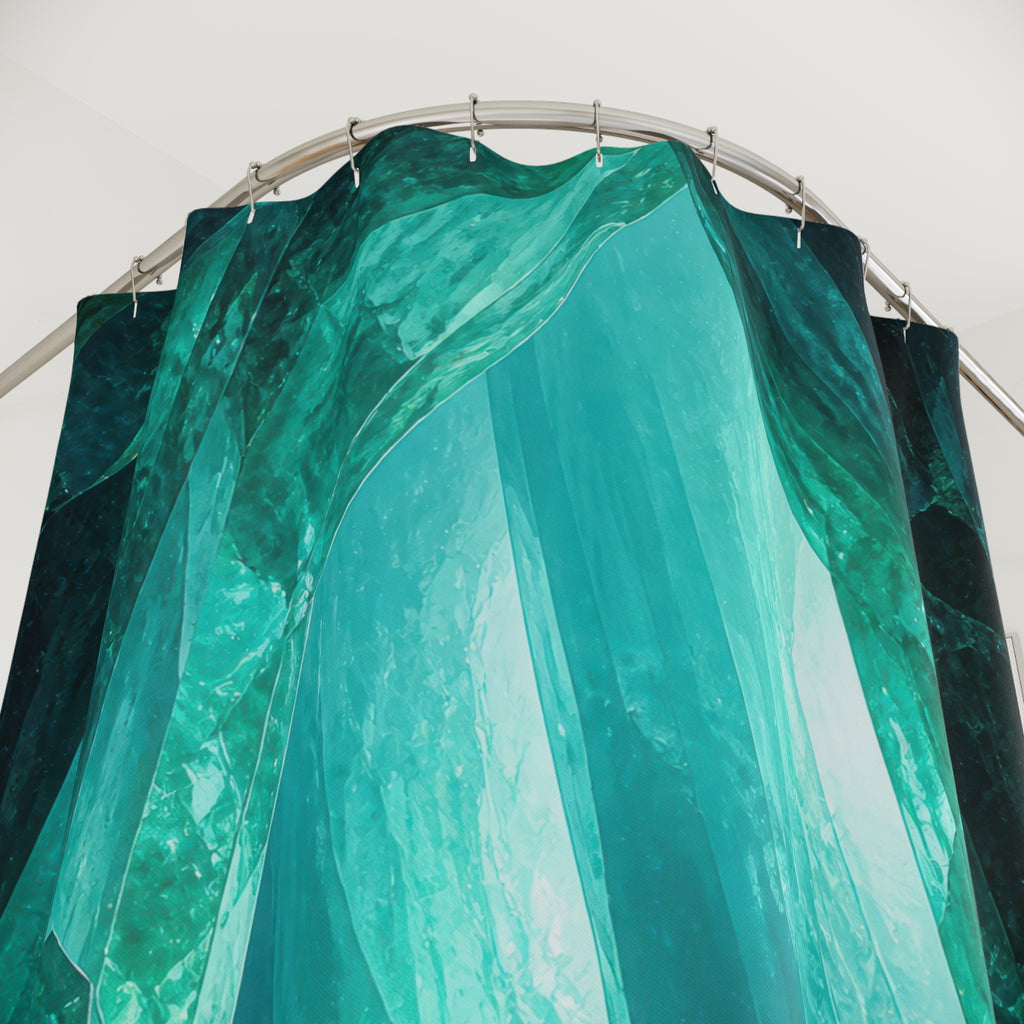 Luminous turquoise crystal grotto surrounding a quiet aqua pool shower curtain with close-up print, hooks, and folds