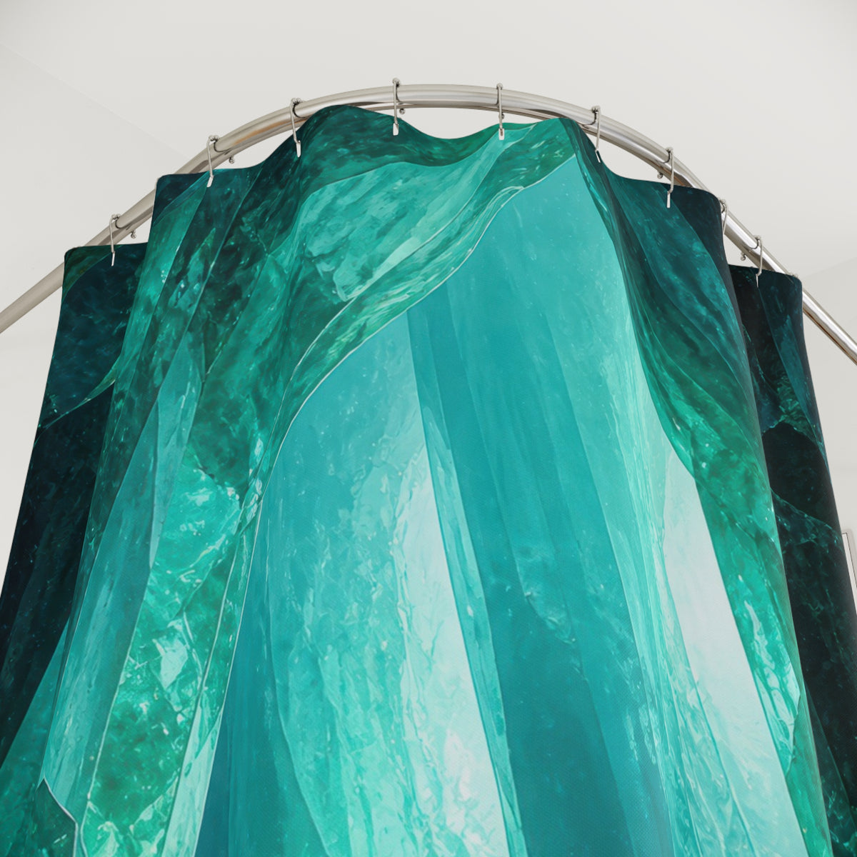 Luminous turquoise crystal grotto surrounding a quiet aqua pool shower curtain with close-up print, hooks, and folds