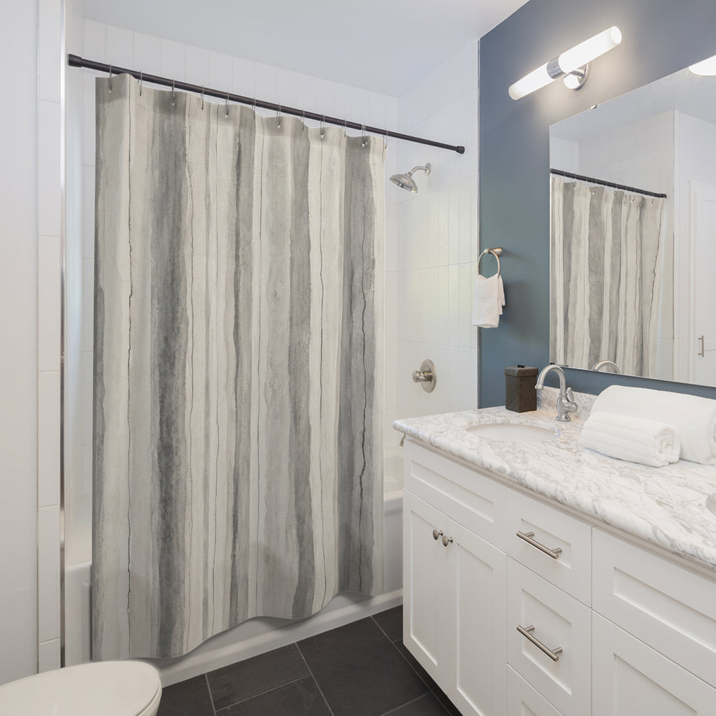 Grey Stone Stripe Shower Curtain, Gray Charcoal Classic Bathroom Decor, Modern Stripe Bath Curtain, Guest Bath Decor, Small Bathroom Decor