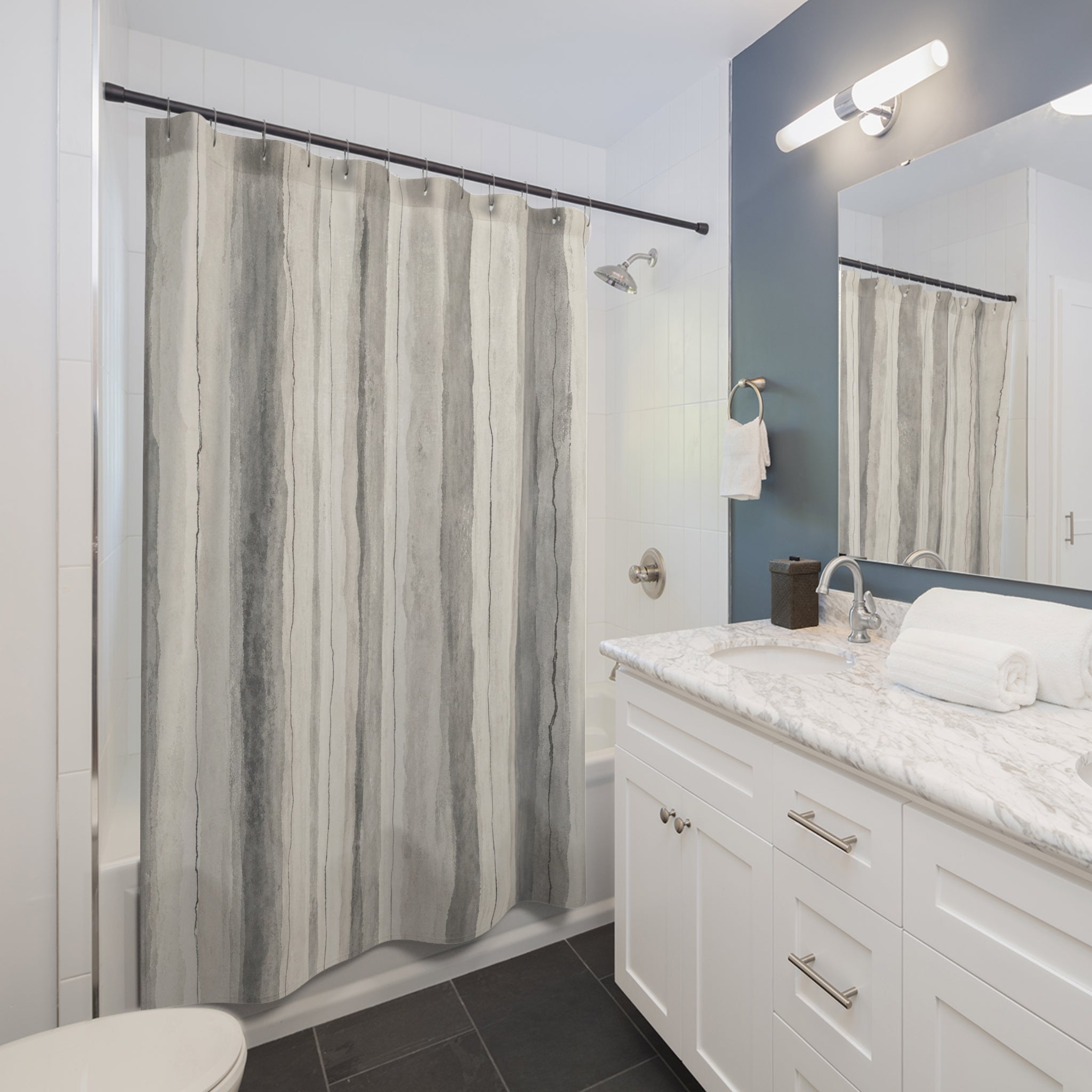 Grey Stone Stripe Shower Curtain, Gray Charcoal Classic Bathroom Decor, Modern Stripe Bath Curtain, Guest Bath Decor, Small Bathroom Decor