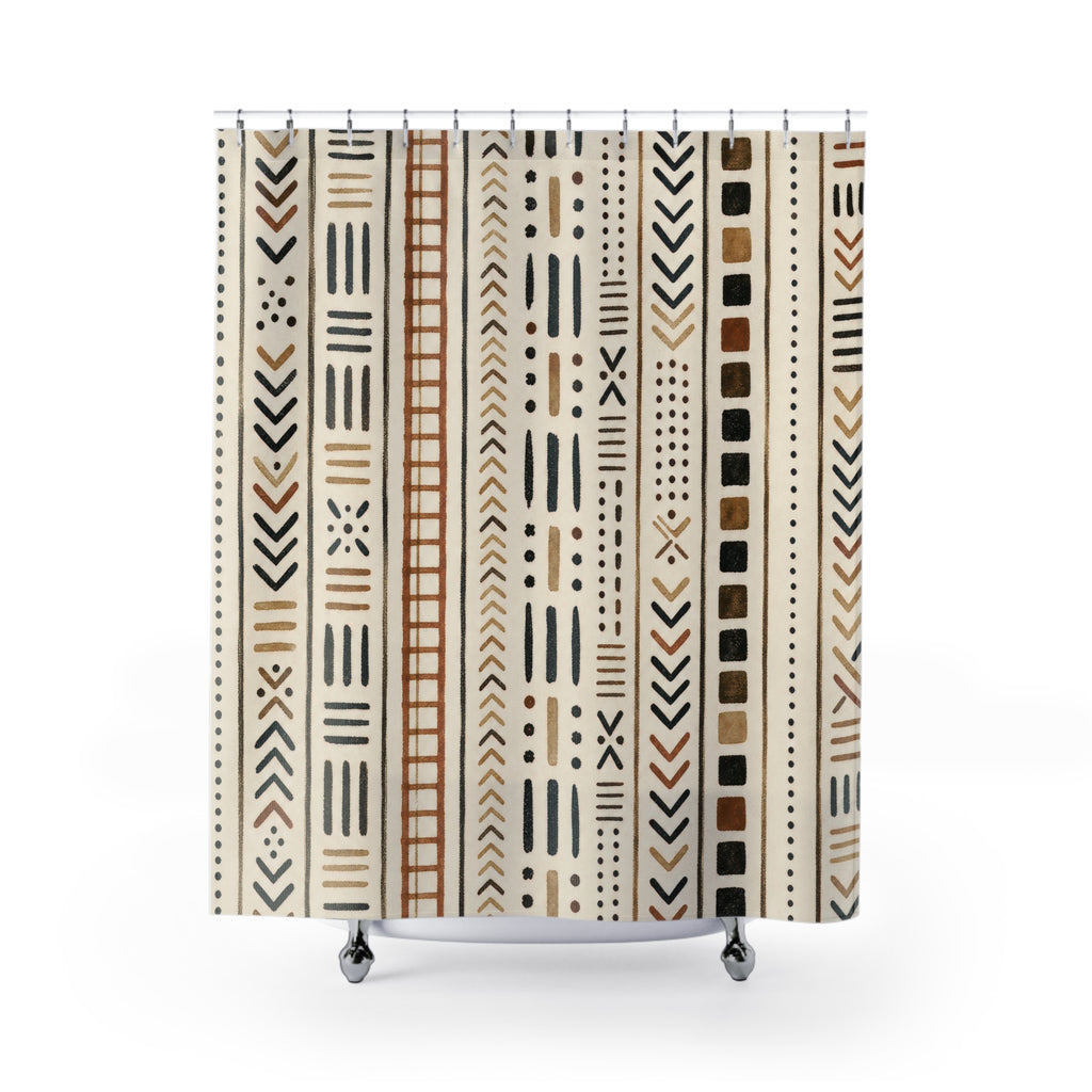 Boho Shower Curtain, Black Cream African Inspired Geometric Pattern, Modern Bathroom Decor, Tribal Style Guest Bath Neutral Art
