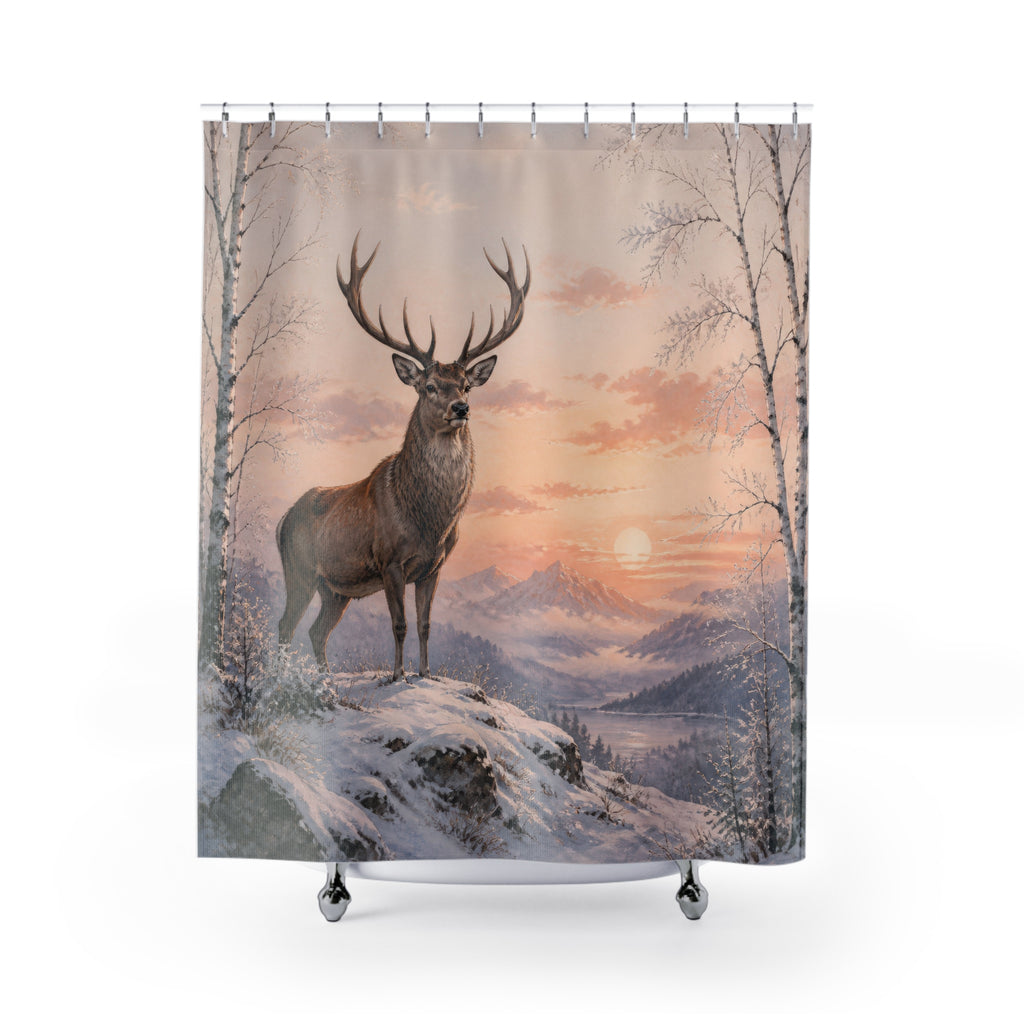 Stag on snowy birch ridge shower curtain with full front view