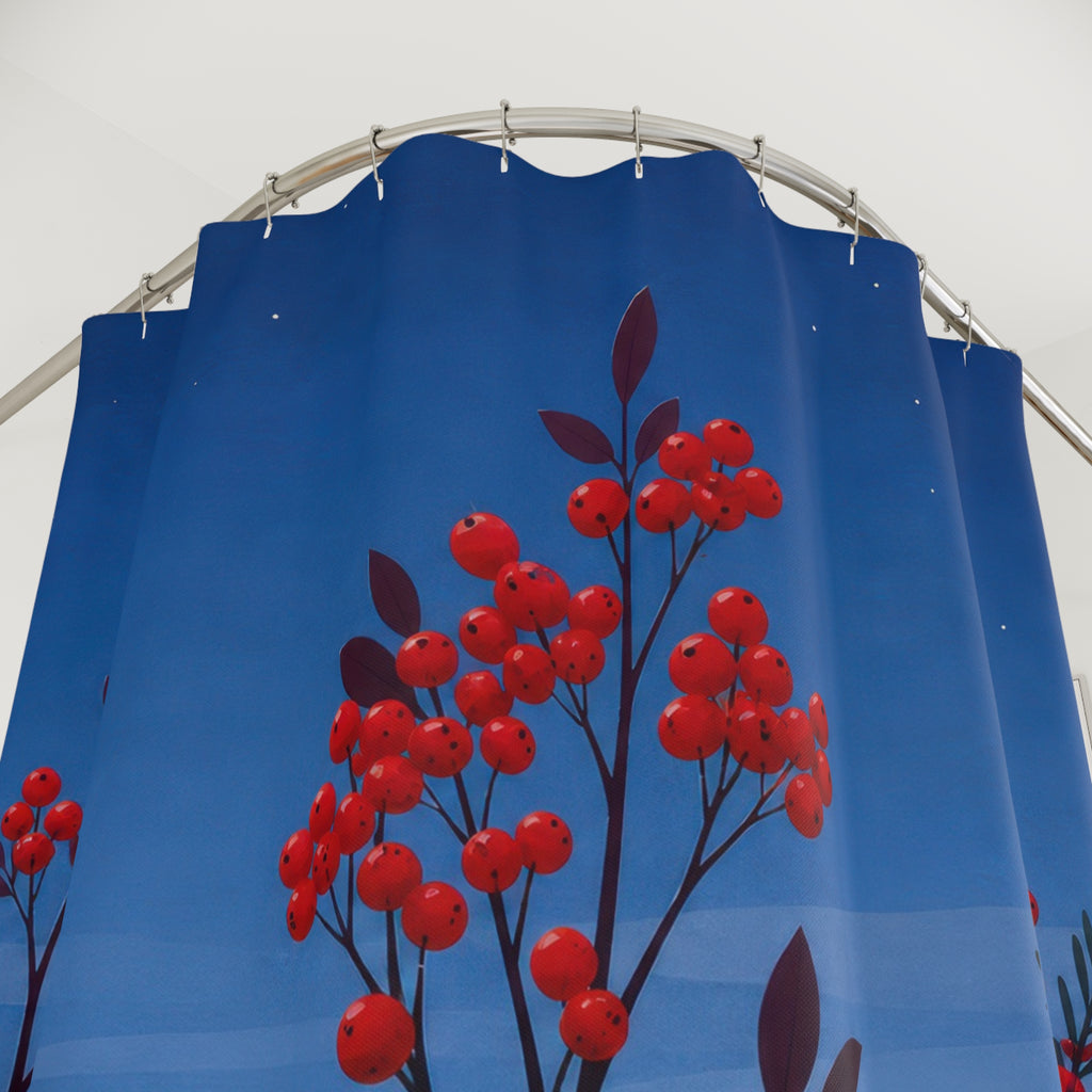 Red winter berry stems in layered blue snow shower curtain with close-up print, hooks, and folds