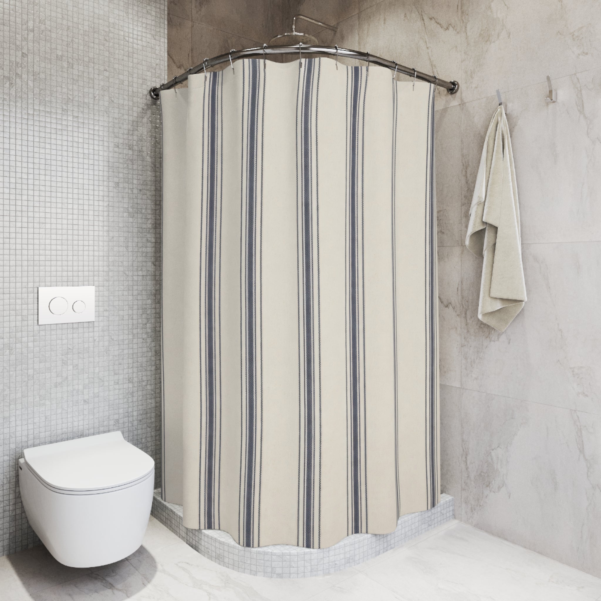 Navy and Ivory Ticking Stripe Shower Curtain