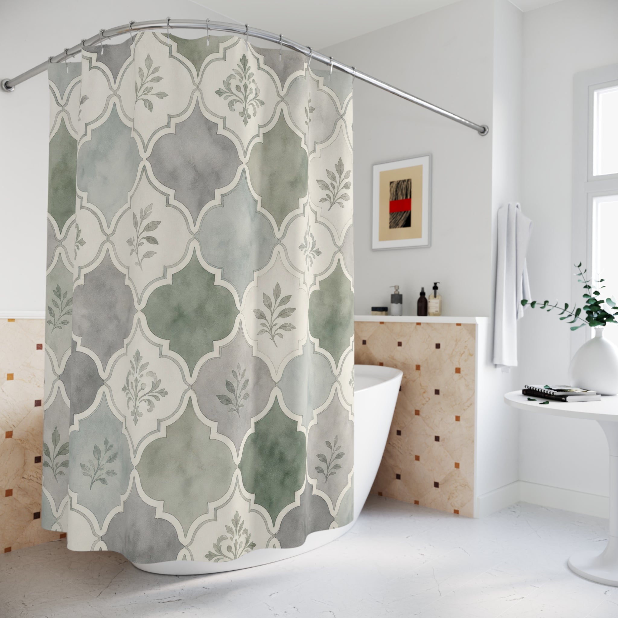 Green Grey Tile Shower Curtain, Green Grey Classic Bathroom Decor, Tile Floral Bath Curtain, Guest Bath Decor, Small Bathroom Decor