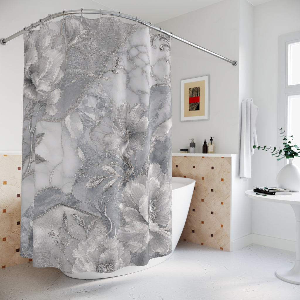 Silver Shower Curtain: Grey Marble Floral Pattern