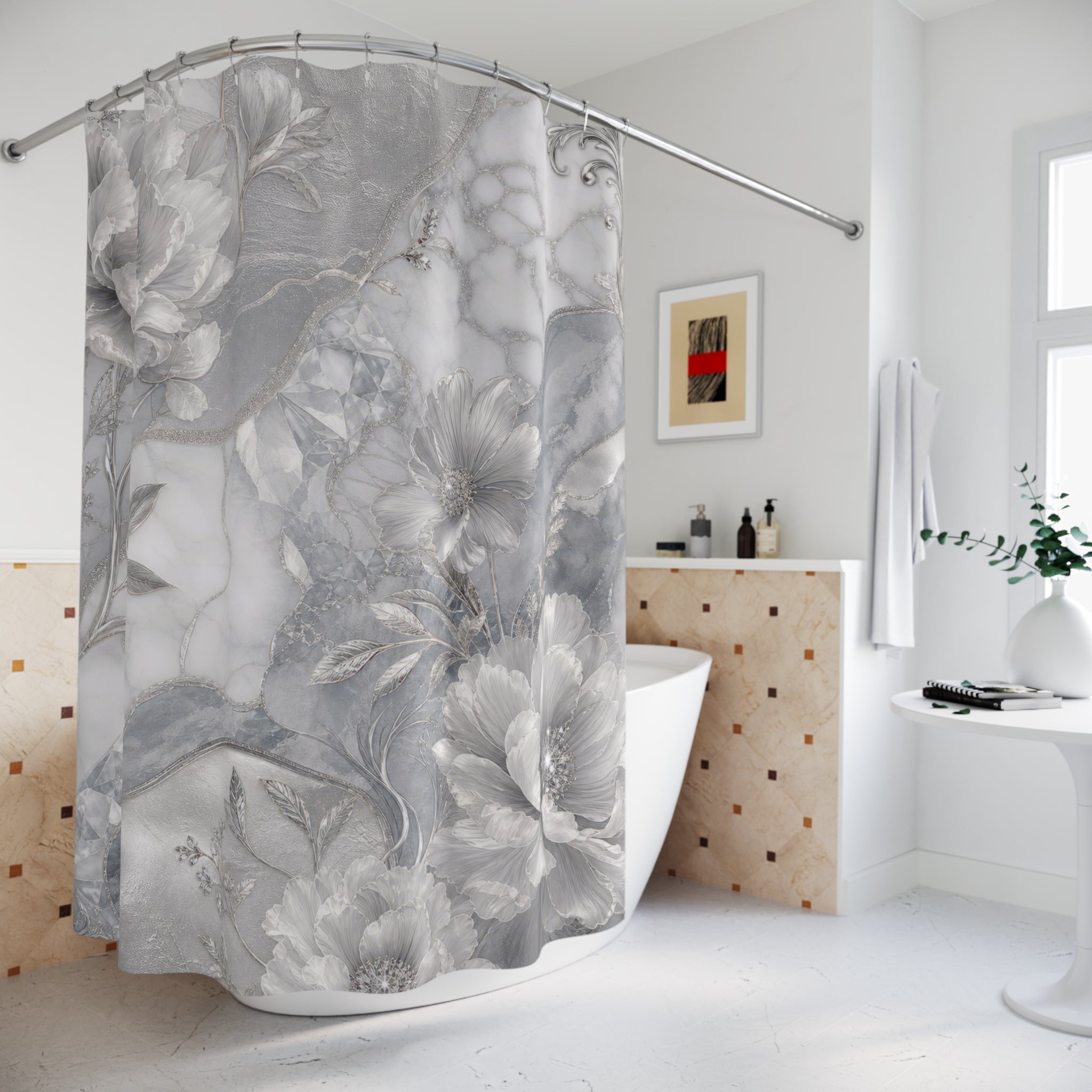 Silver Shower Curtain: Grey Marble Floral Pattern