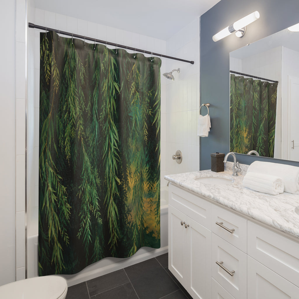 Deep emerald weeping willow canopy shower curtain beside a white vanity