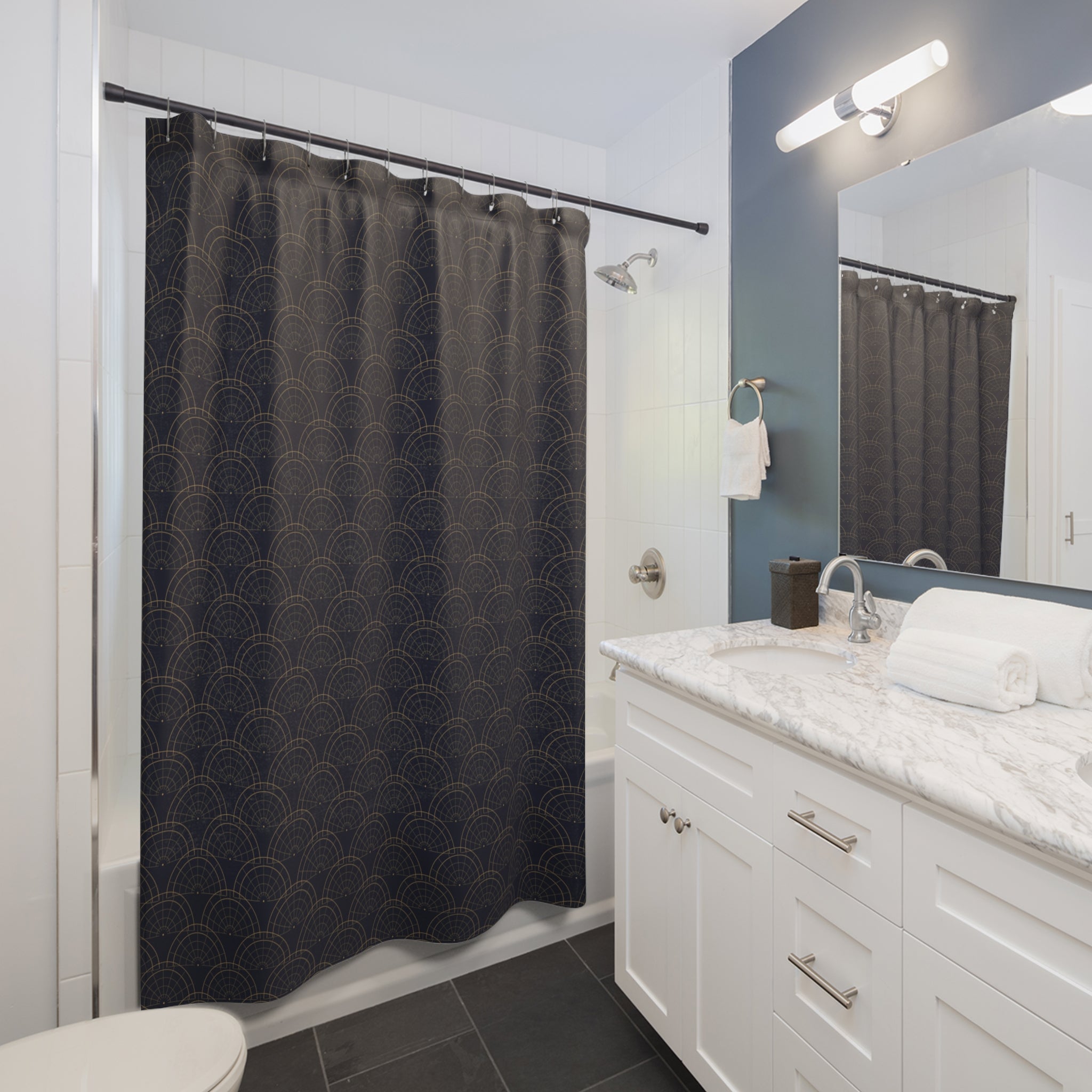 Art Deco Fan Shower Curtain – Gold and Navy