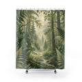 Fern-framed forest clearing with a winding stream shower curtain with full front view