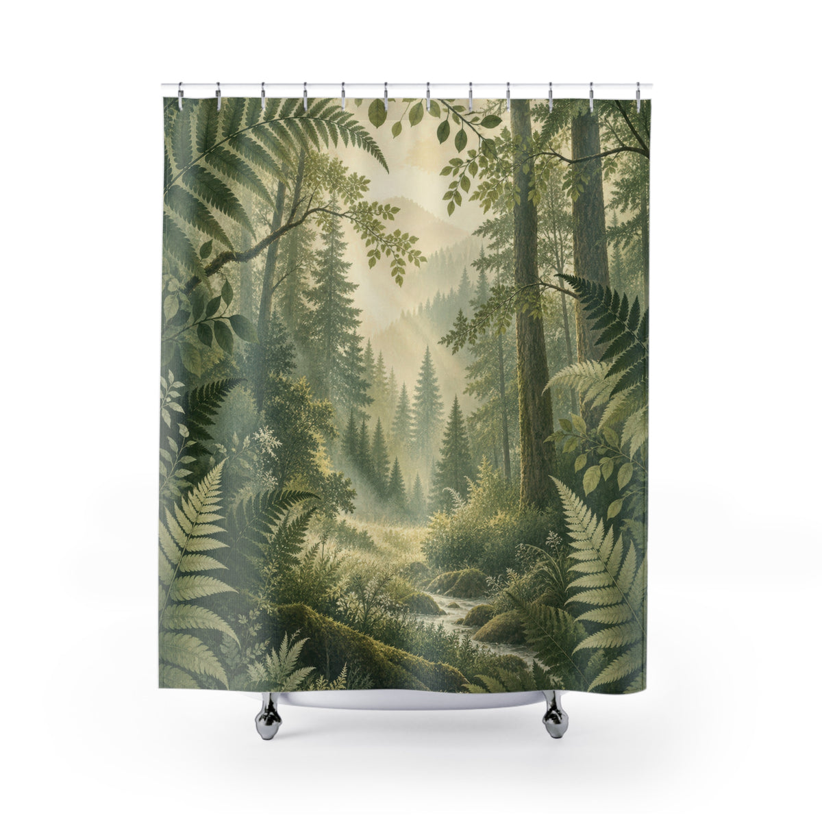 Fern-framed forest clearing with a winding stream shower curtain with full front view