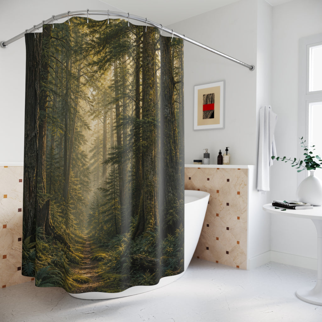 Sunlit path through a towering old-growth forest shower curtain beside a freestanding tub