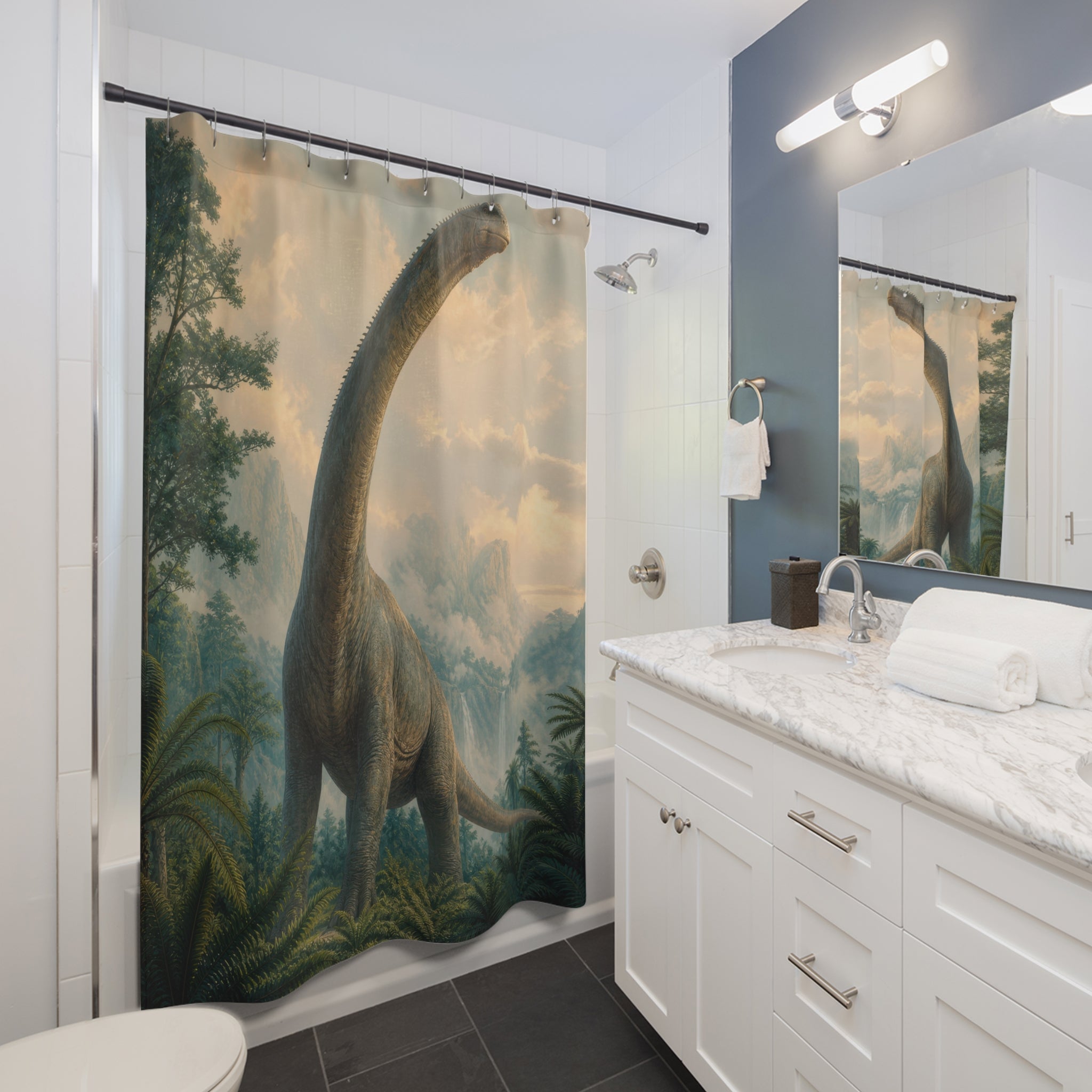 Towering sauropod in a misty prehistoric valley shower curtain installed beside a white vanity