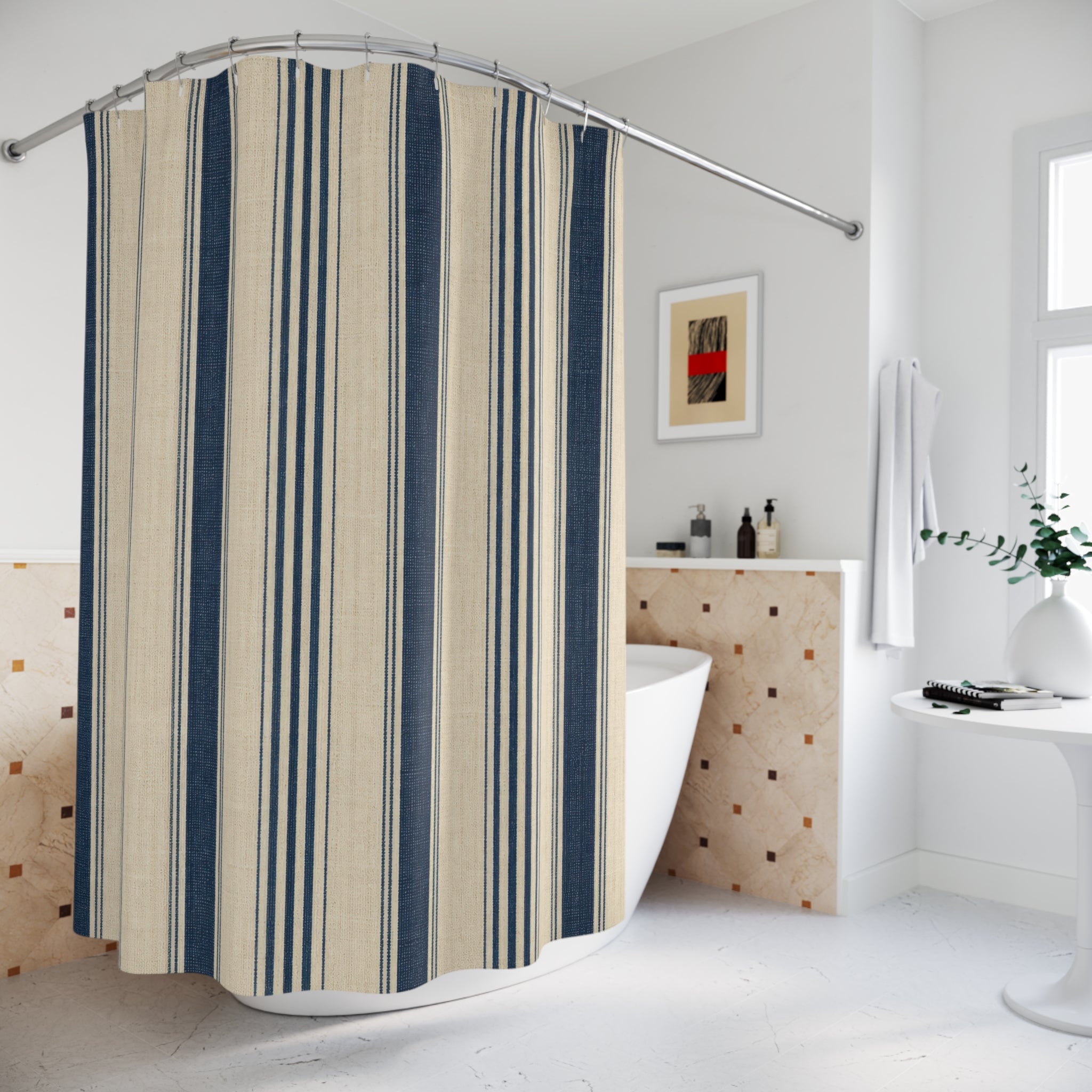 Old World Navy Ticking Shower Curtain
