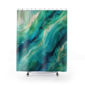 Sweeping turquoise and peacock blue abstract tidal veils shower curtain with full front view
