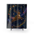 Flying reindeer within a celestial Christmas wreath shower curtain with full front view
