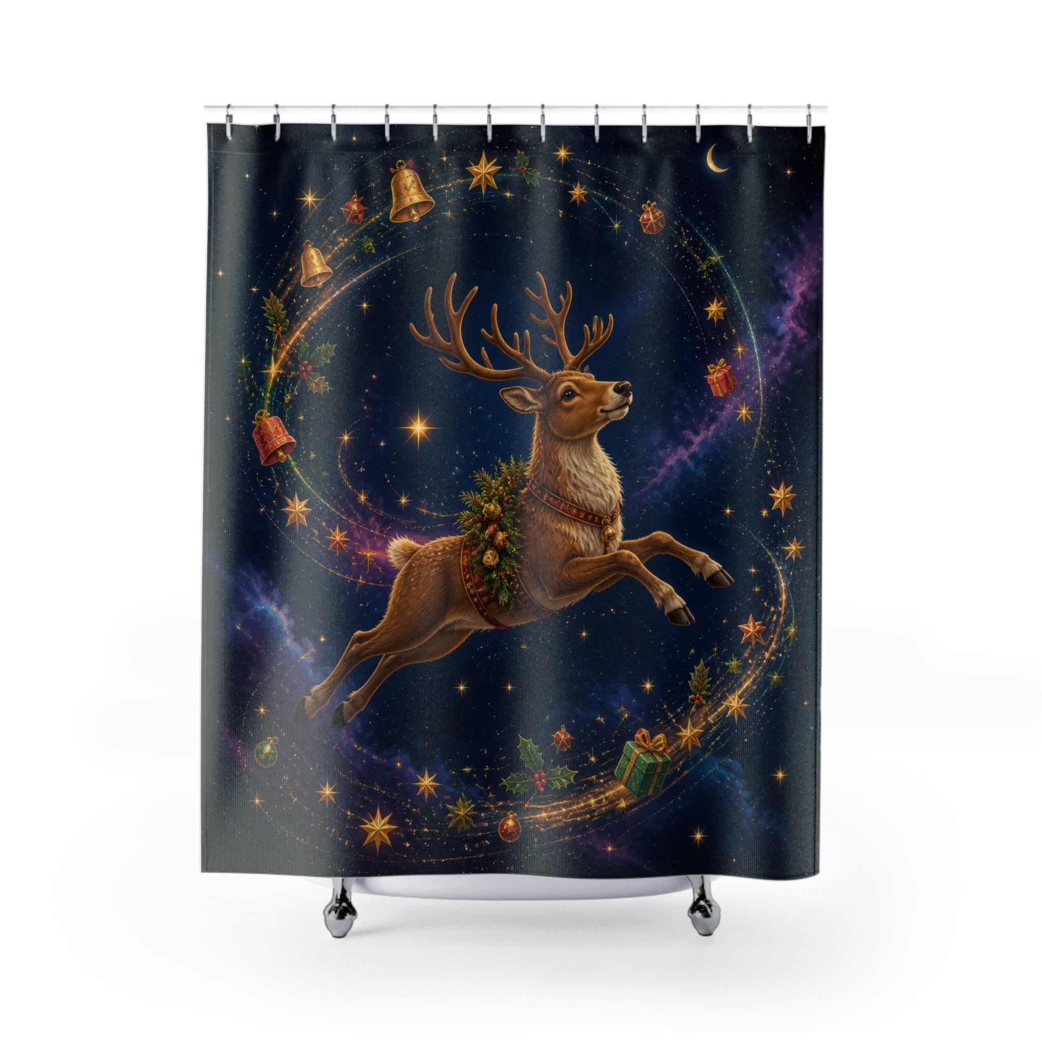 Flying reindeer within a celestial Christmas wreath shower curtain with full front view