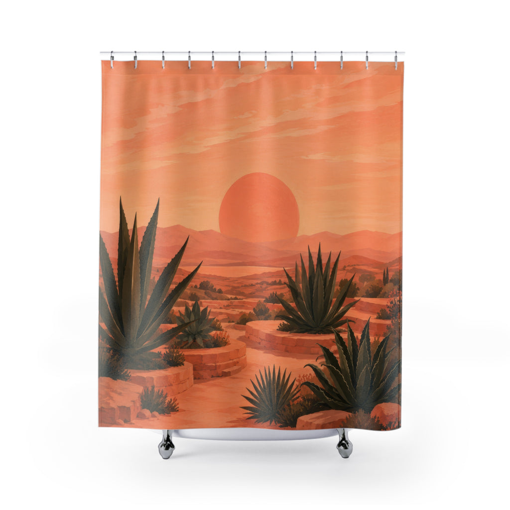 Peachy desert sunset with olive agaves shower curtain with full front view