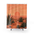Peachy desert sunset with olive agaves shower curtain with full front view