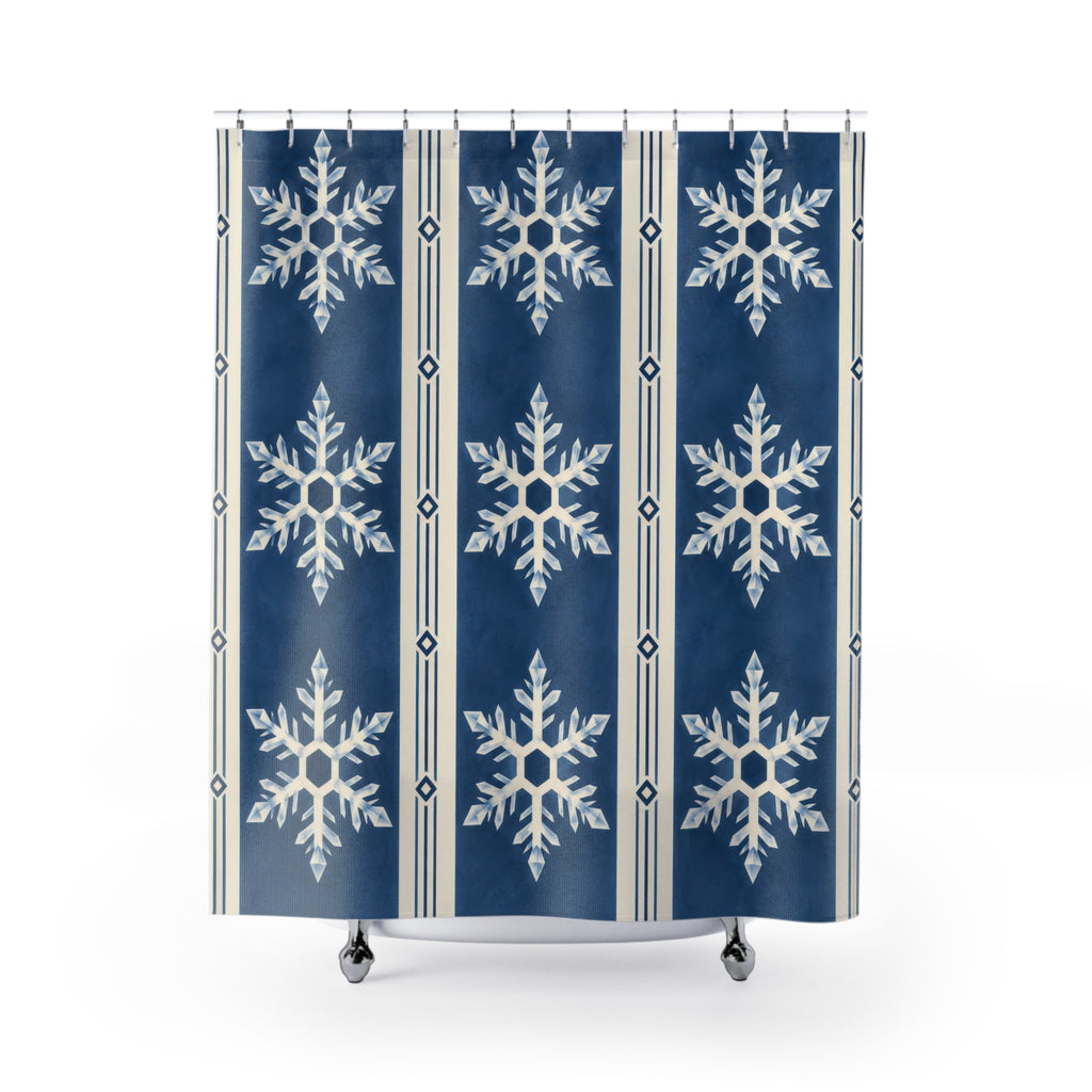 Indigo striped white snowflakes shower curtain with full front view