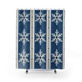 Indigo striped white snowflakes shower curtain with full front view