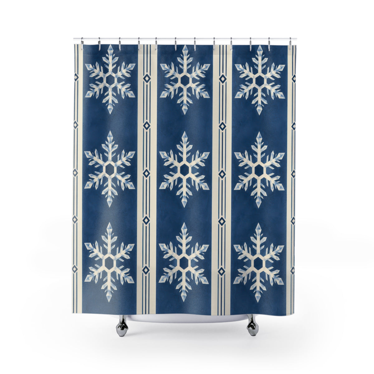 Indigo striped white snowflakes shower curtain with full front view