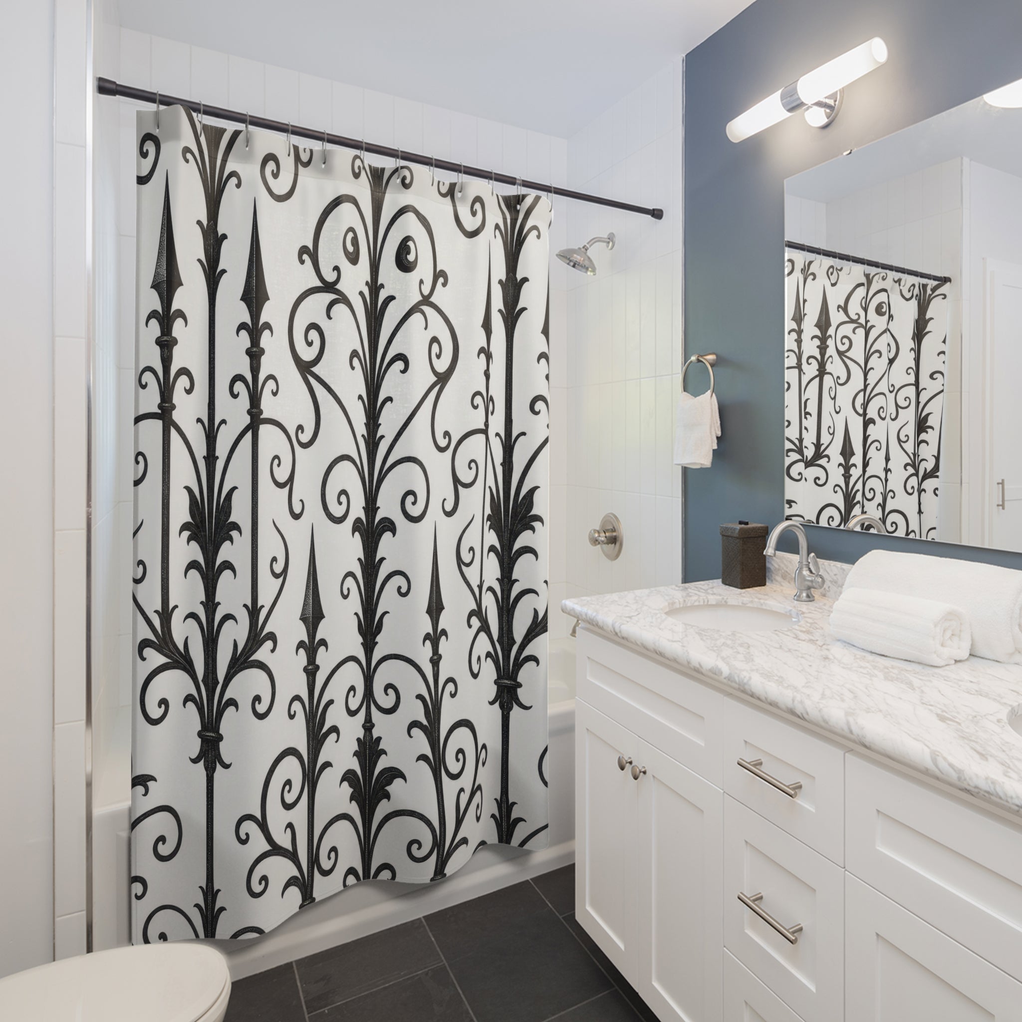 Black White Wrought Iron Scroll Shower Curtain