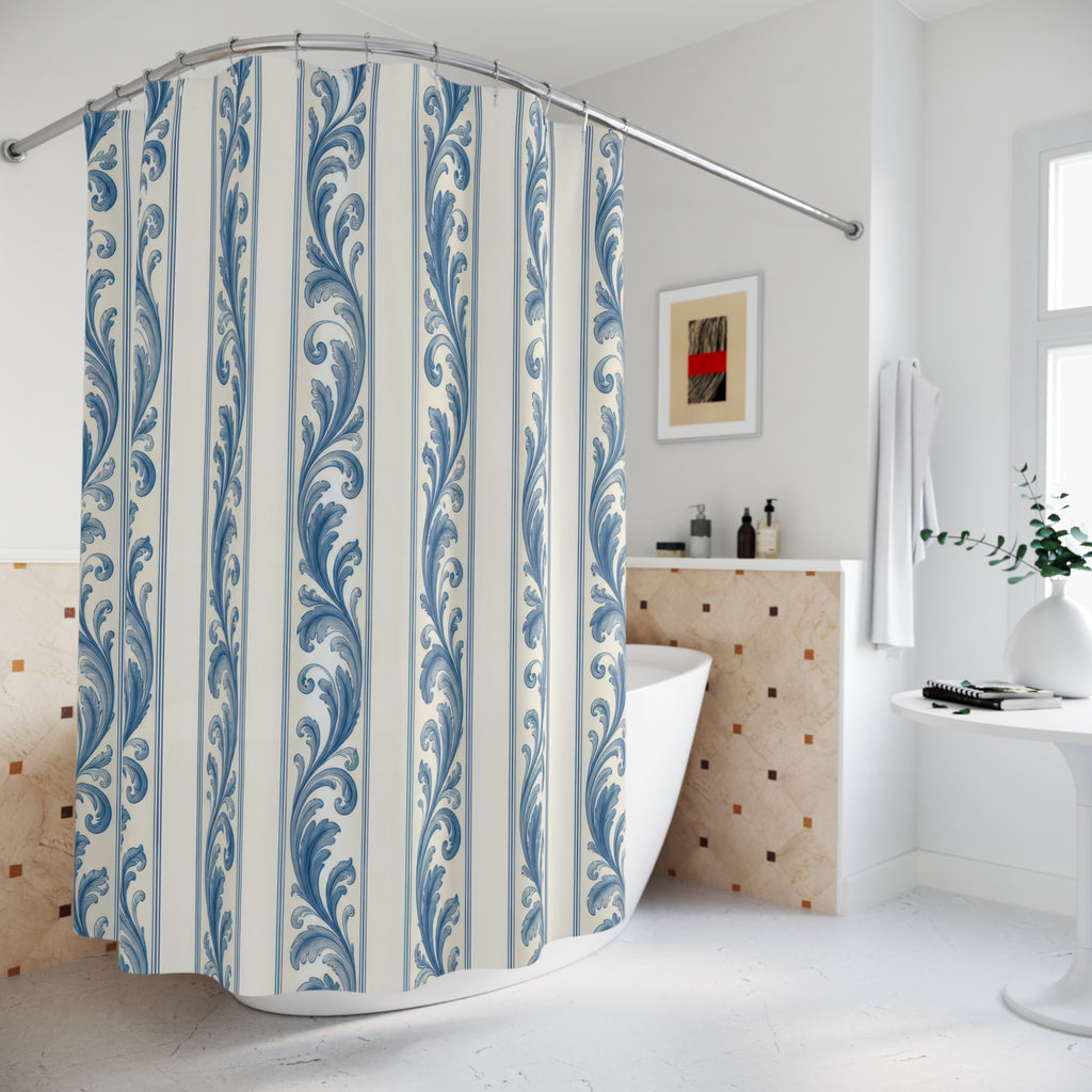 French-blue acanthus leaf stripes on warm ivory shower curtain beside a freestanding tub