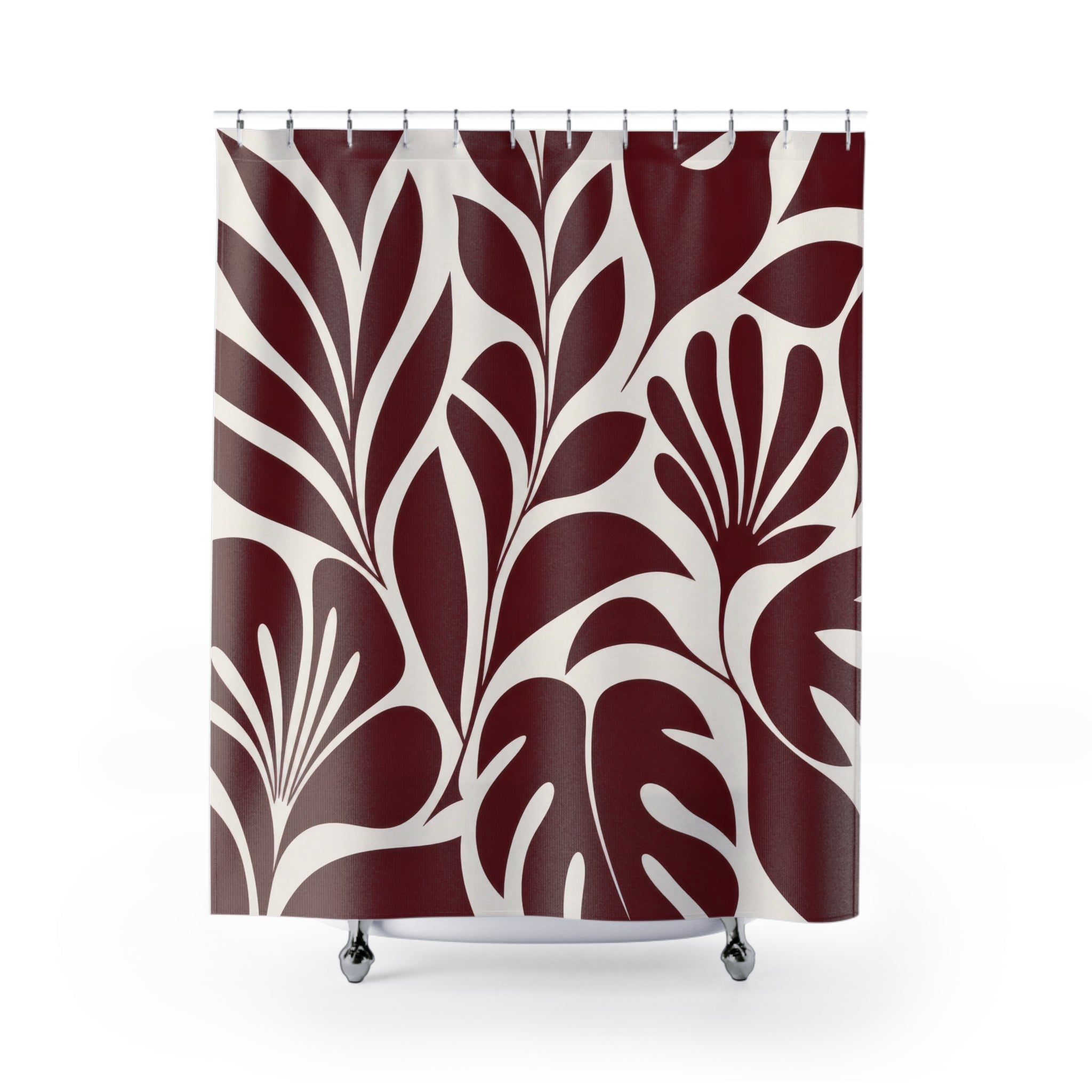 Red Leaf Shower Curtain, Burgundy Tropical Botanical Pattern, Cream White Leaves, Modern Nature Bath Decor, Bold Guest Bathroom Accent