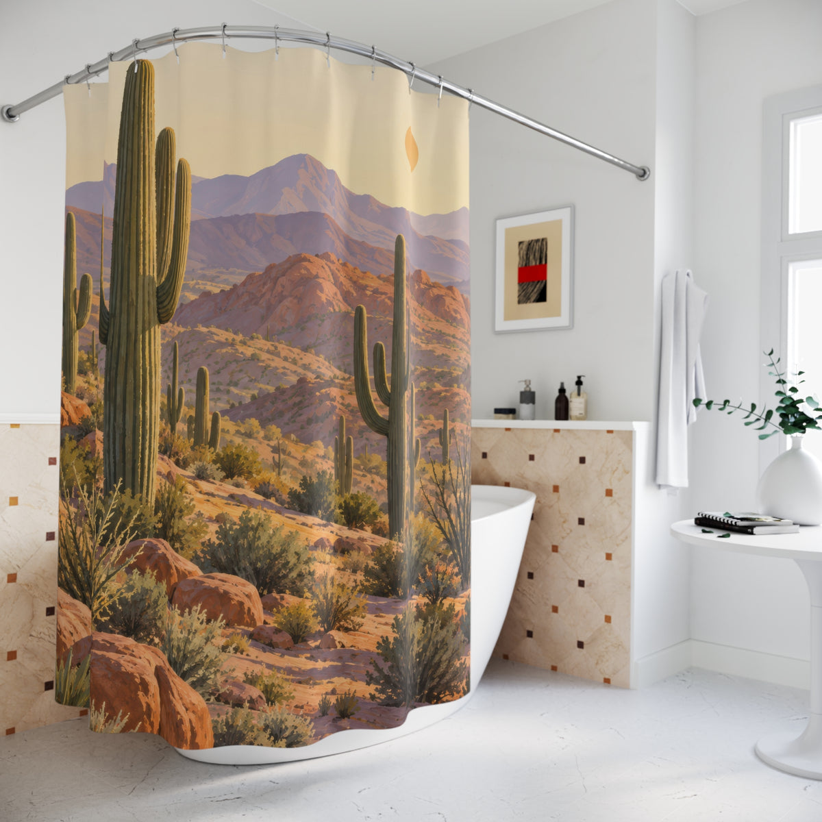 Saguaro cactus with sunrise mesas and flowering desert plants shower curtain beside a freestanding tub