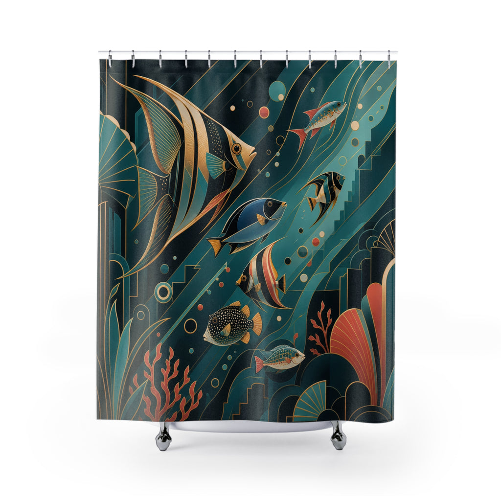 Tropical fish in teal Neo Art Deco currents and coral shower curtain with full front view