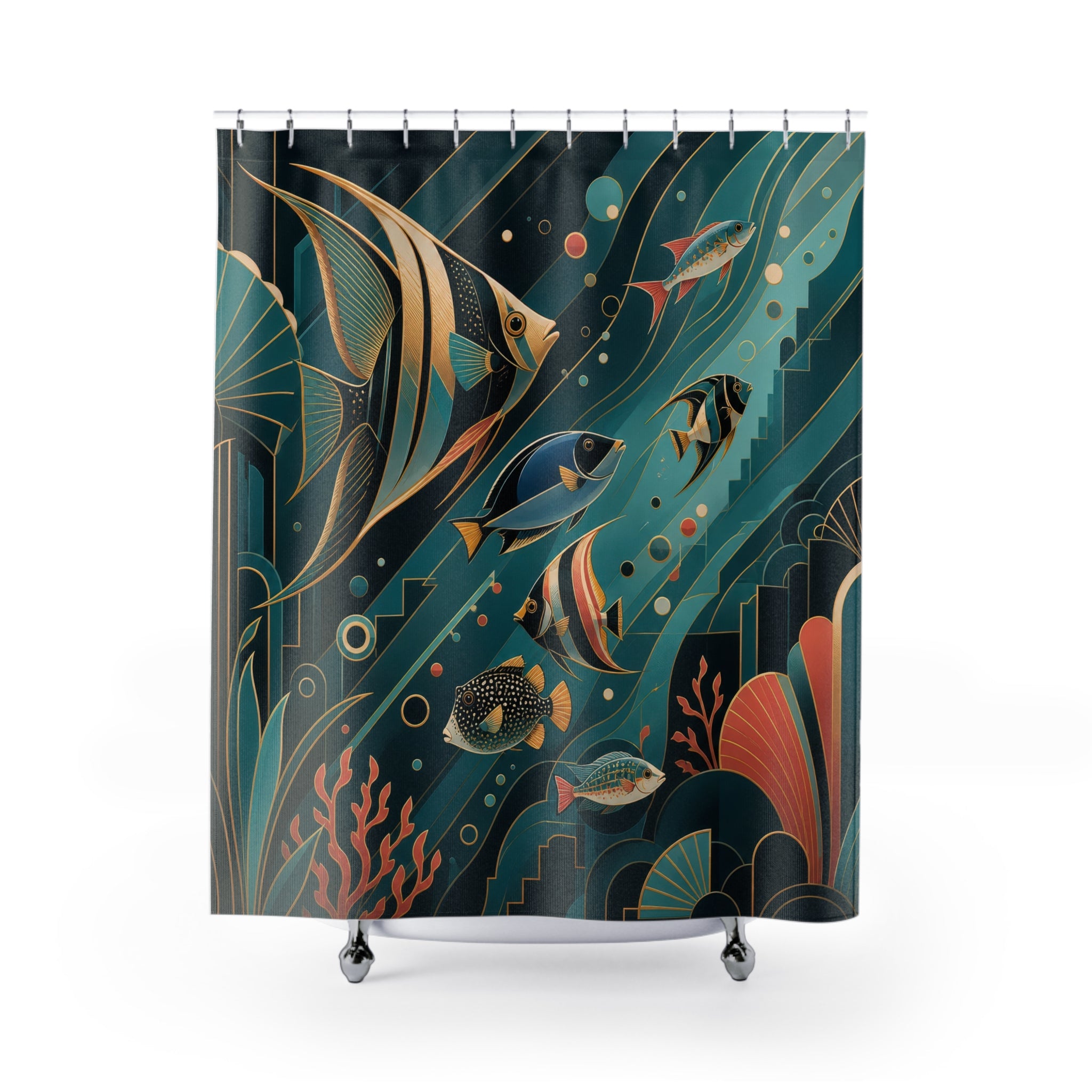 Tropical fish in teal Neo Art Deco currents and coral shower curtain with full front view