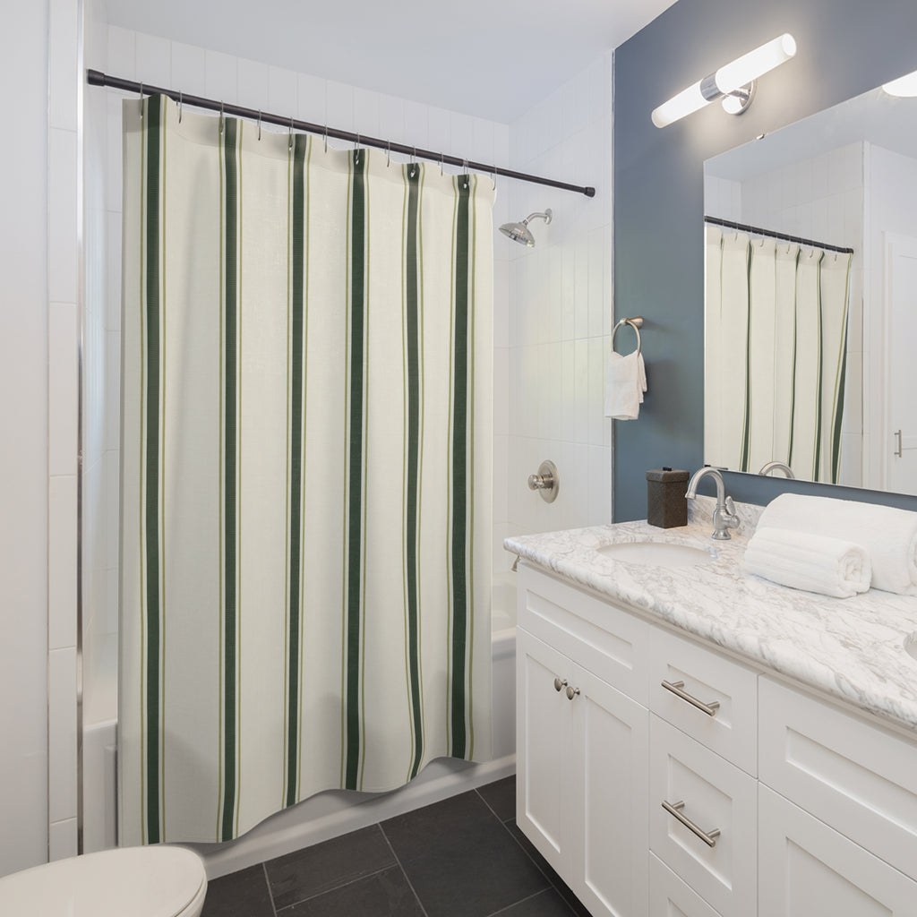 Green Striped Shower Curtain, Dark Green Pinstripe Bath Decor, Cream Farmhouse Pattern, Guest Bathroom Style, Classic Green Stripe Style
