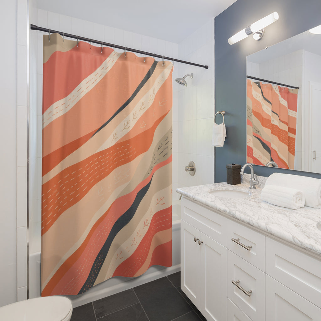 Sweeping coral ribbons with hand-drawn sprig marks shower curtain beside a white vanity