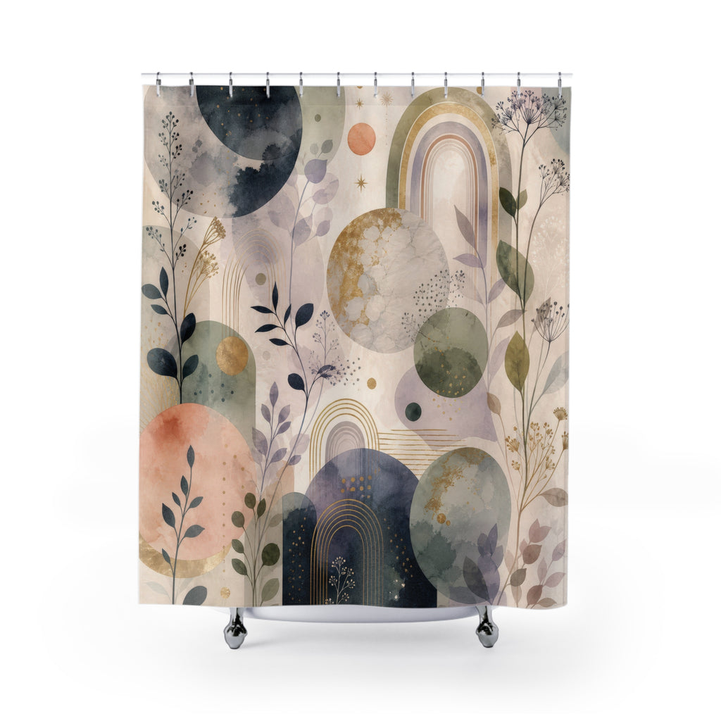 Soft Celestial Abstract Shower Curtain, Neutral Moon Bathroom Decor, Pastel Botanical Bath Curtain, Guest Bathroom Decor, Soft Bath Decor