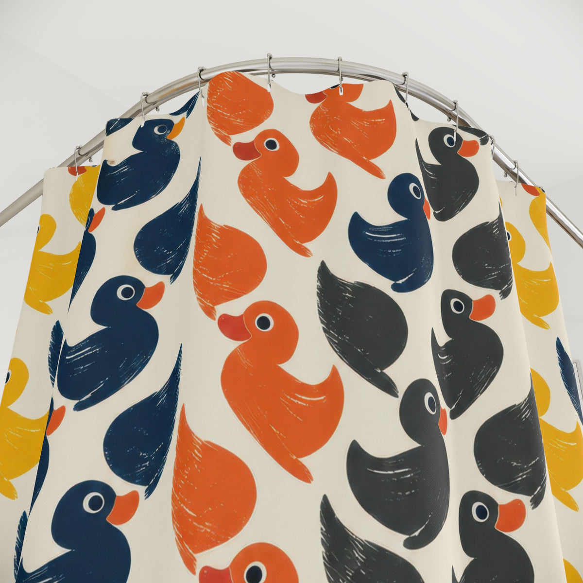 Rubber ducks in yellow orange navy and charcoal rows shower curtain with close-up print, hooks, and folds