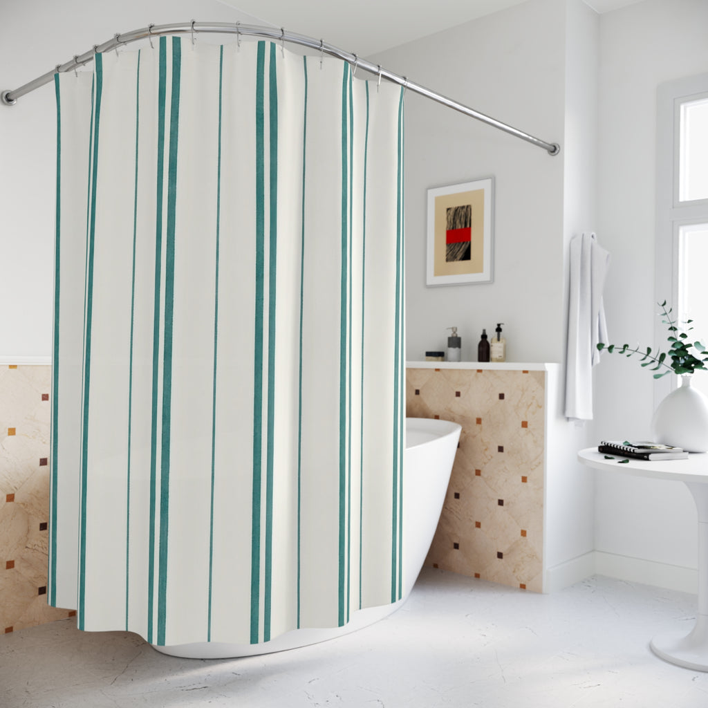 Teal Pinstripe Shower Curtain, Teal White Coastal Bathroom Decor, Clean Stripe Bath Curtain, Guest Bathroom Decor, Small Bathroom Decor