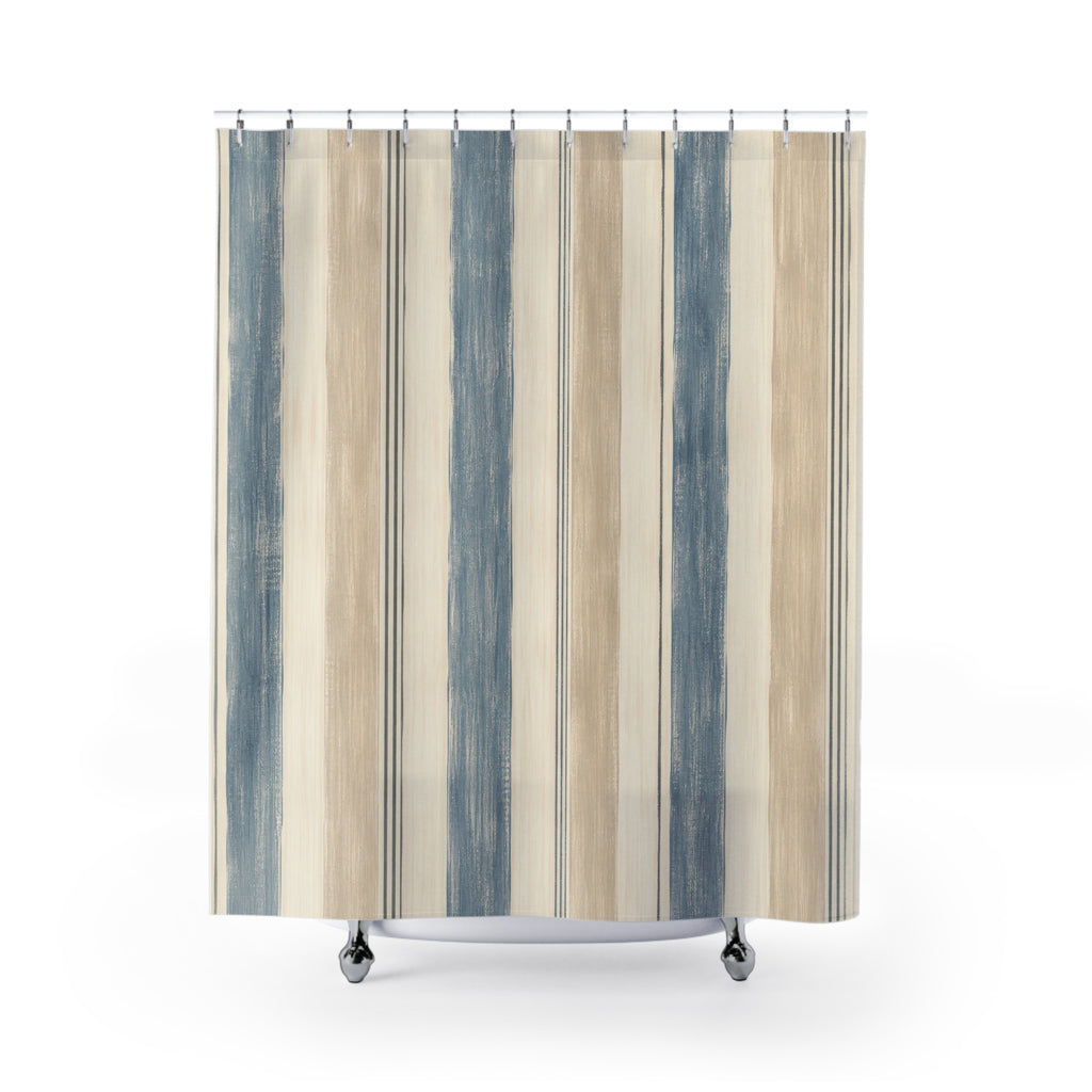 Dusty Blue Beige Vertical Stripe Shower Curtain