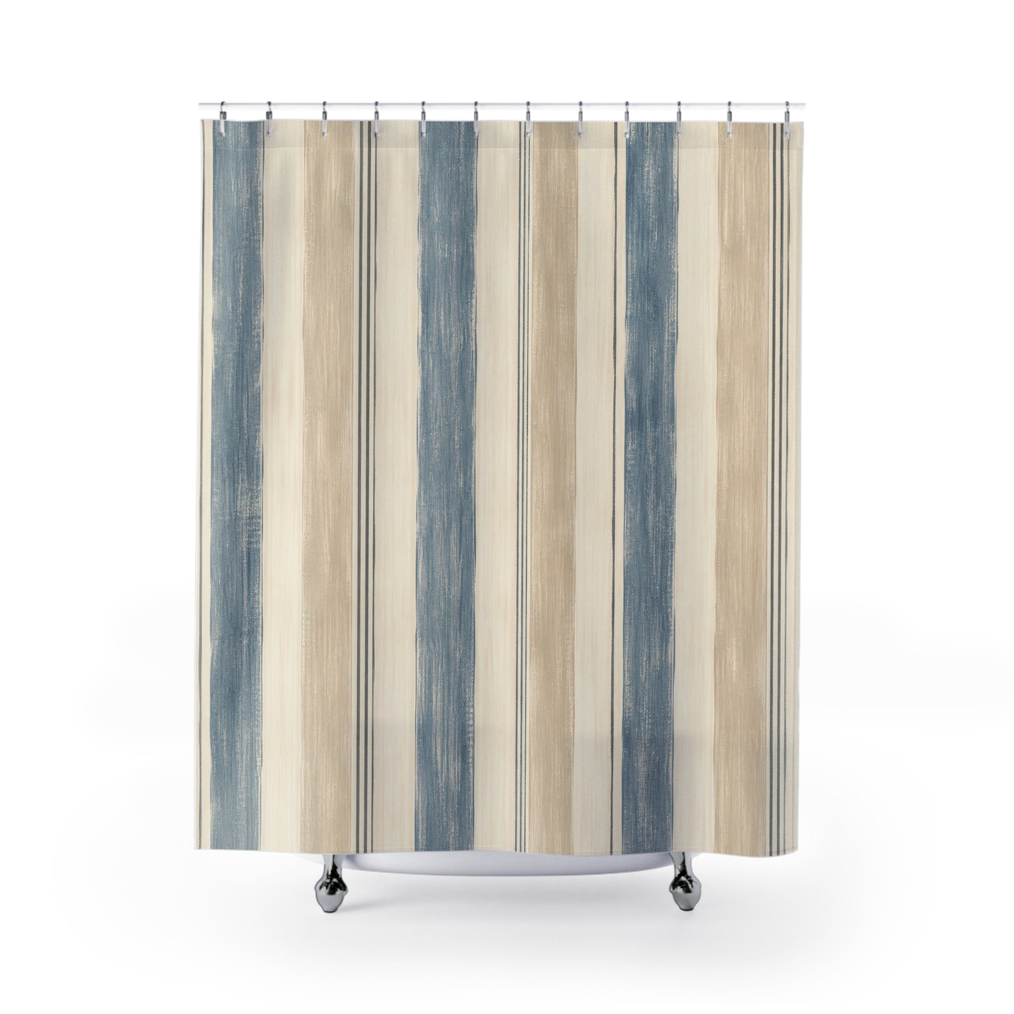 Dusty Blue Beige Vertical Stripe Shower Curtain