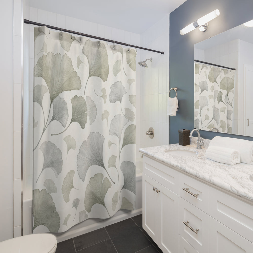 Green Ginkgo Shower Curtain, Soft Sage Nature Bathroom Decor, Ginkgo Botanical Bath Curtain, Guest Bath Decor, Small Bathroom Decor