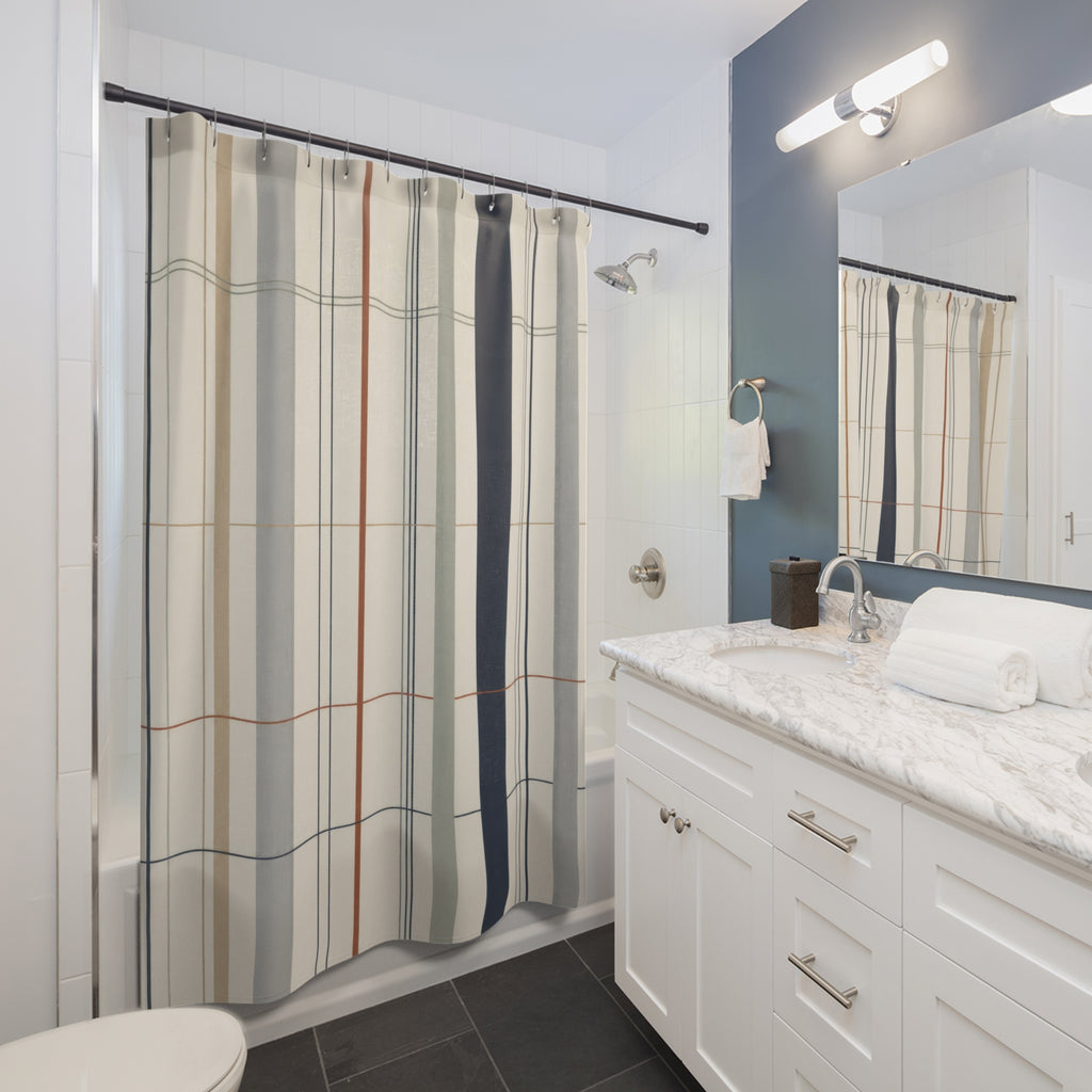 Navy Stripe Plaid Grid Shower Curtain
