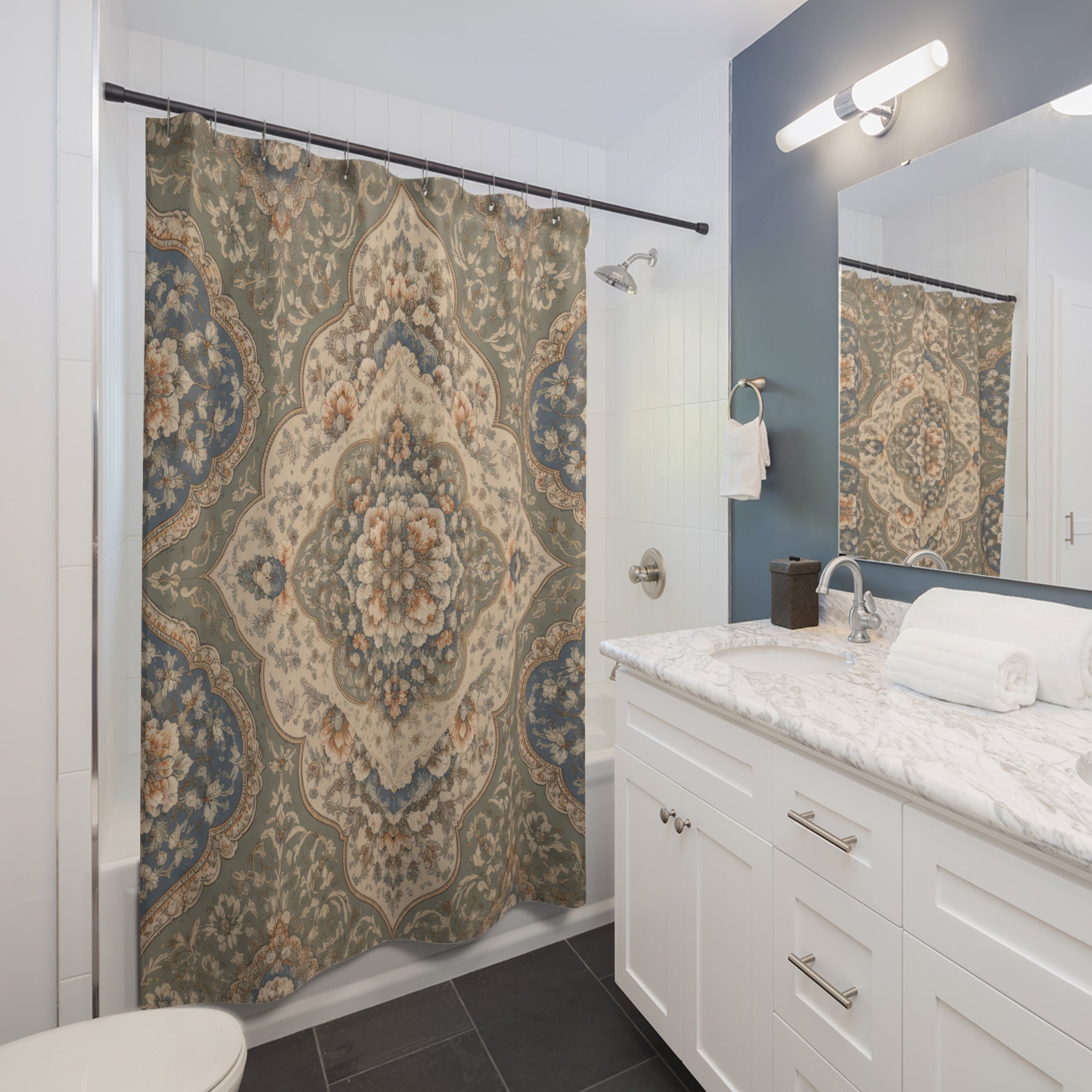 Boho Medallion Shower Curtain – Dusty Blue and Sage