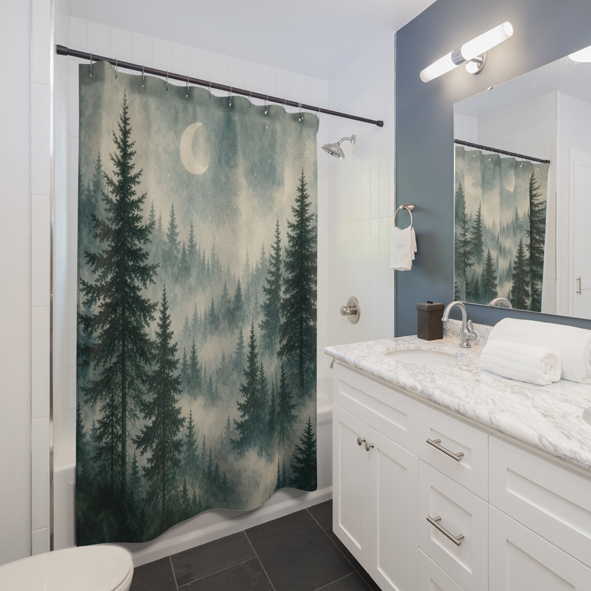 Moonlit Pine Watercolor Shower Curtain
