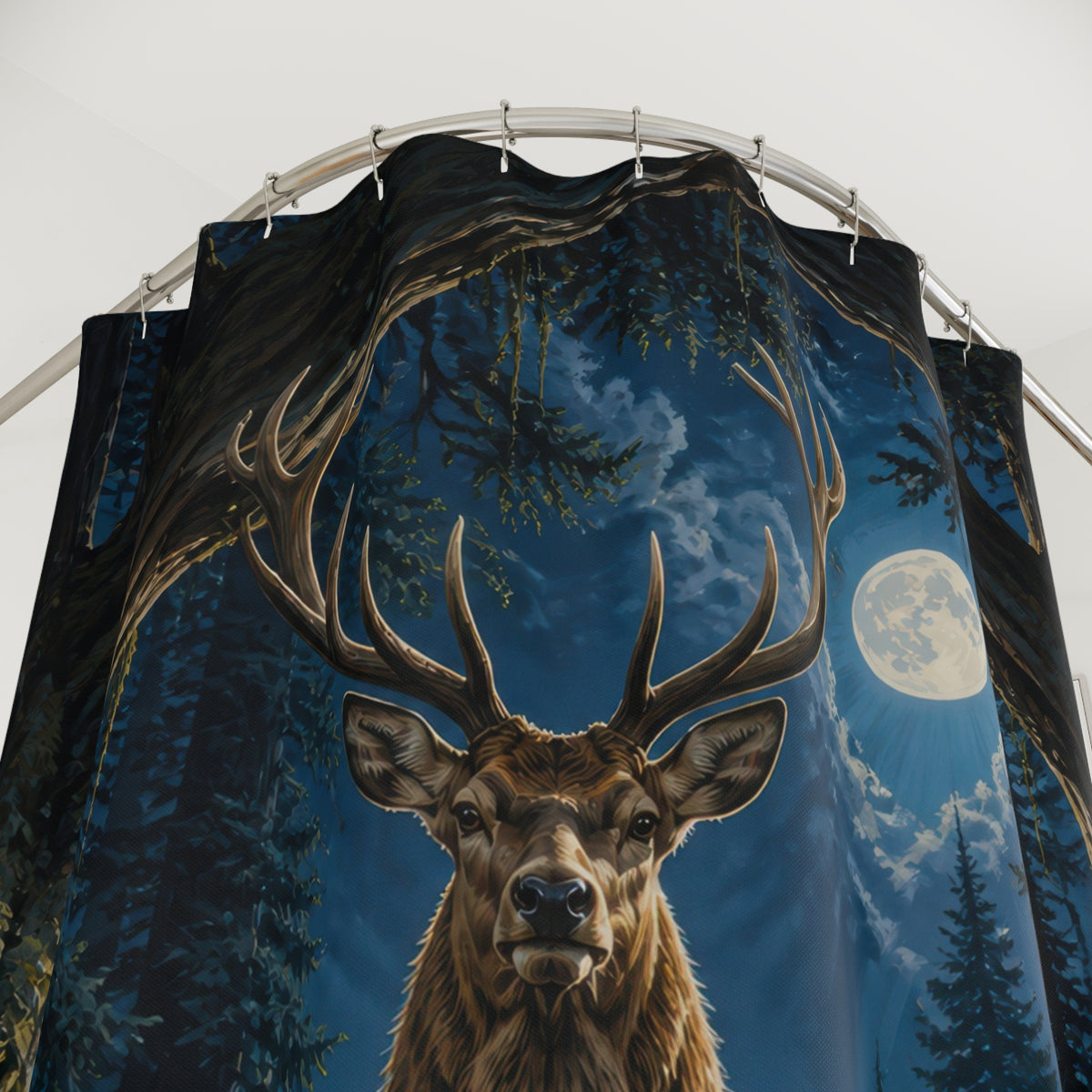 Moonlit woodland stag beneath a cedar arch shower curtain with close-up print, hooks, and folds