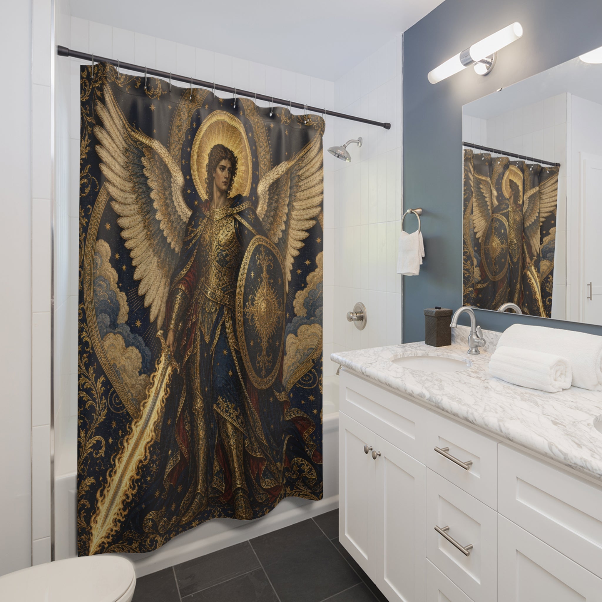 Archangel Michael Shower Curtain, Warrior Angel Art, Black Gold Guardian Angel Decor, Celestial Shield Sword Bathroom Accent, Sacred Art