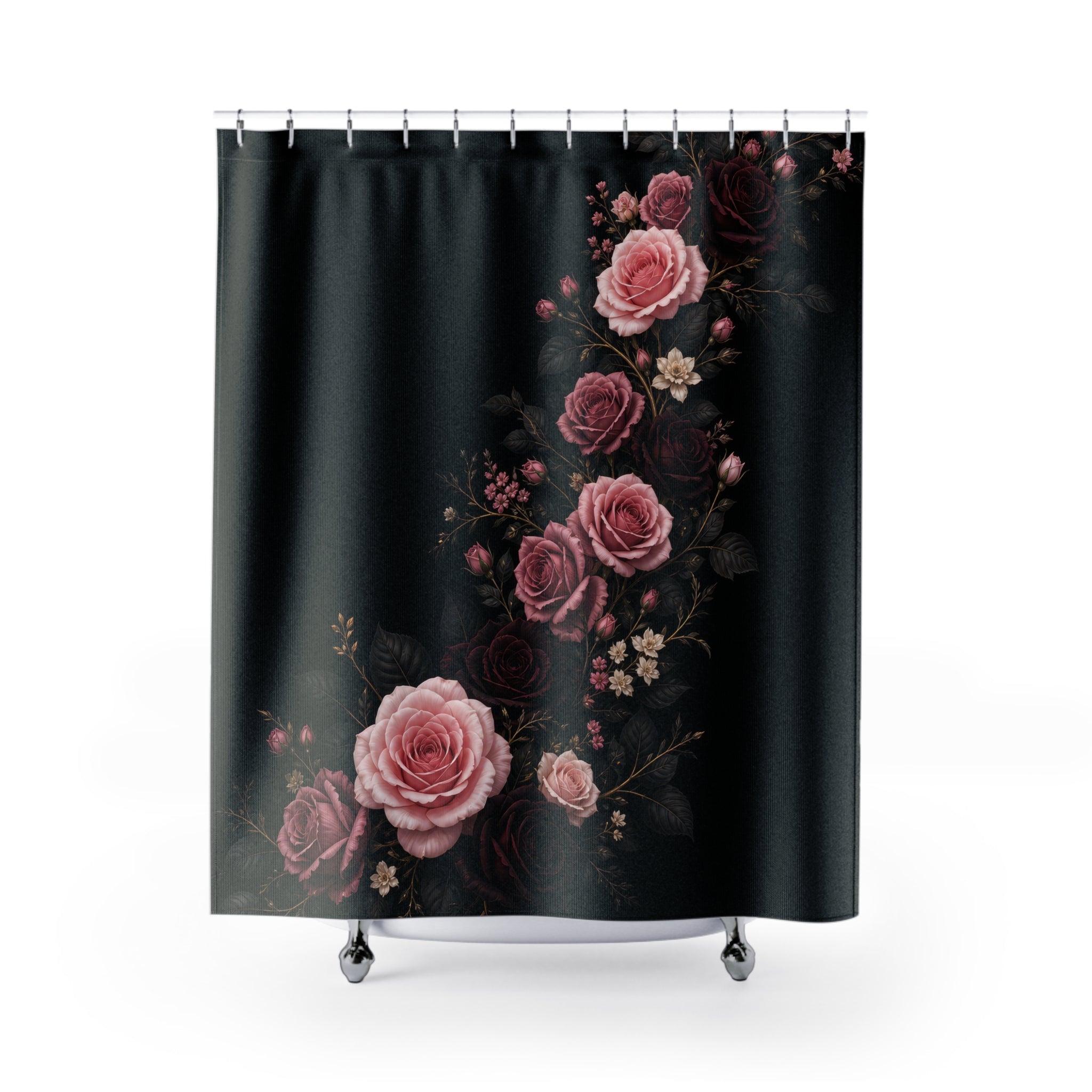 Pink and burgundy roses rising in a serpentine curve on black shower curtain, full front view