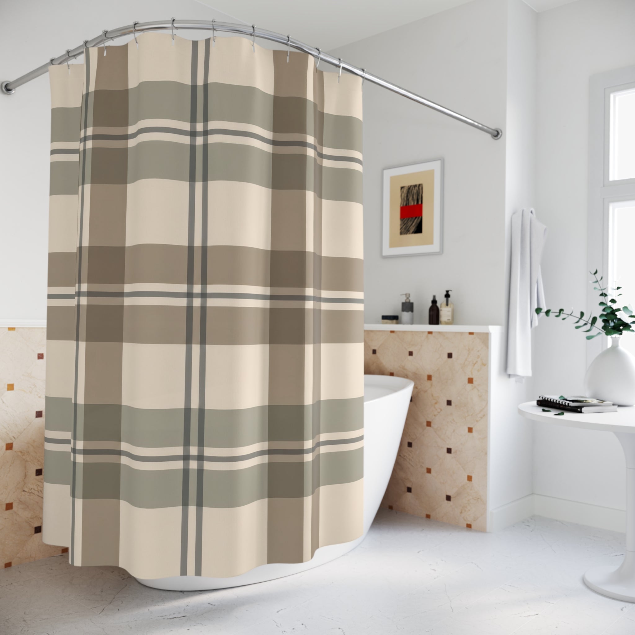 Mushroom Sage Plaid Shower Curtain
