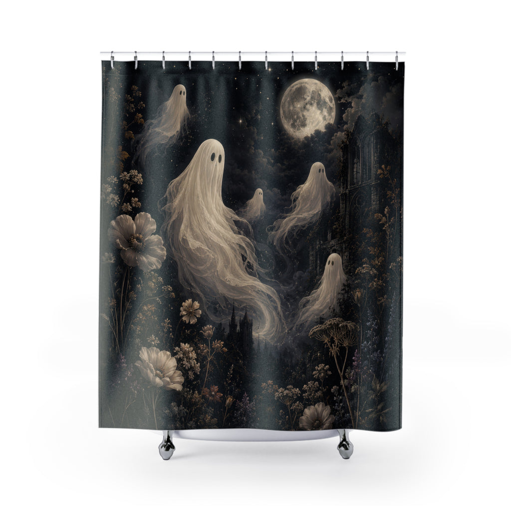 Ghost Shower Curtain: Moonlit Gothic Botanical